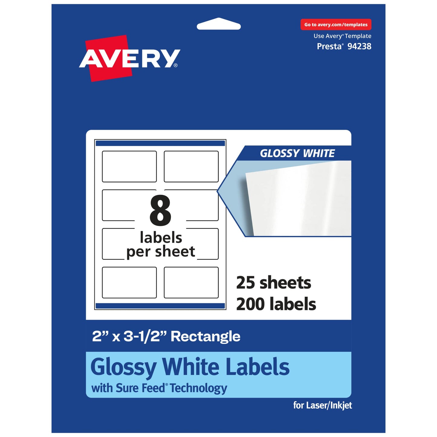 Avery Glossy White Rectangle Labels, Sure Feed Technology, 2" x 3.5", 200 Glossy White Labels, Print-to-The-Edge, Permanent Adhesive, Laser/Inkjet Printable