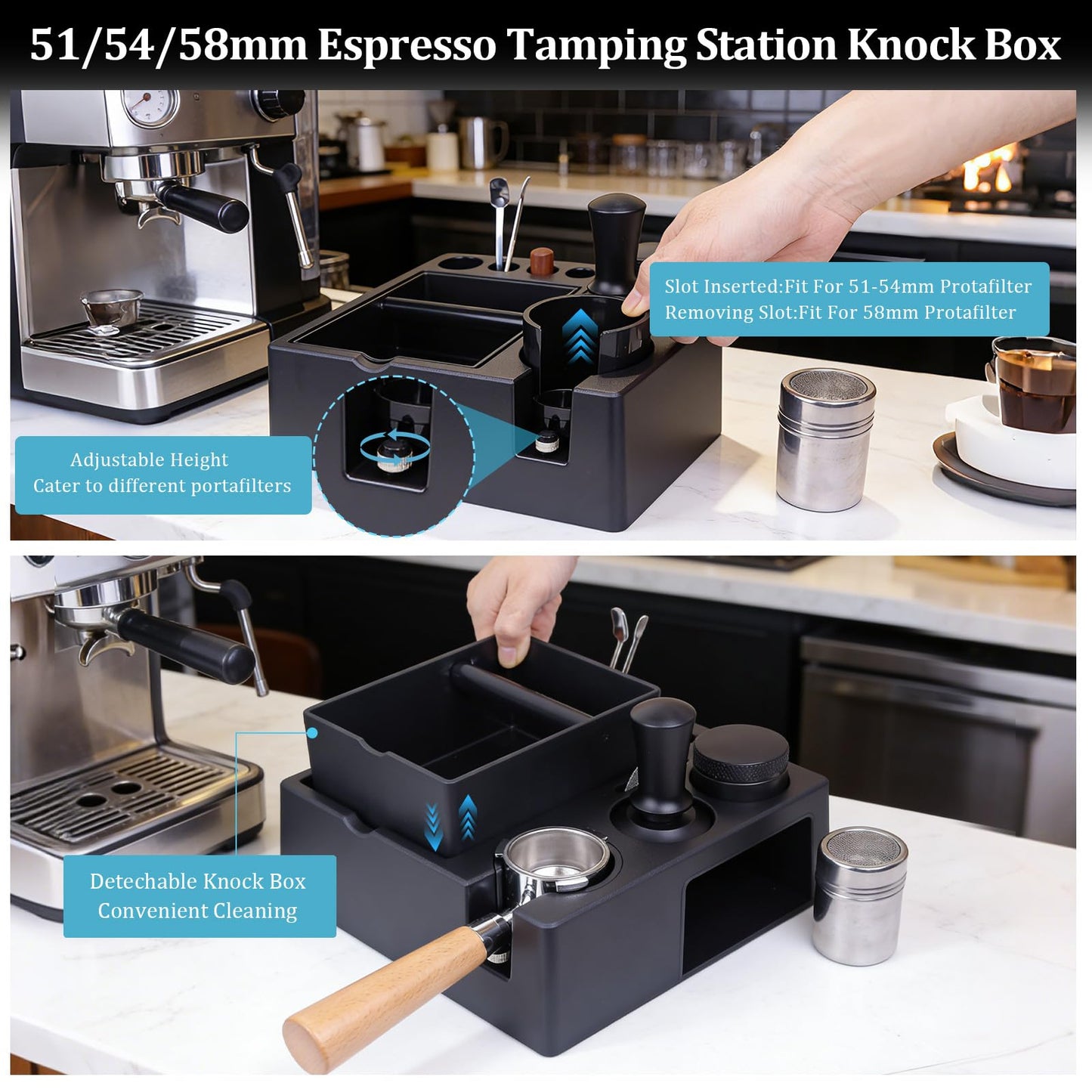 28PCS 51mm Espresso Accessories Kit,Espresso Knock Box and Tamping Station,Includes Distributor,Stirrer,Dosing Funnel,Brush,Puck Screen,Frothing Pitcher,Latte Pen,Powder Ring,Towel,Decorative Stencils