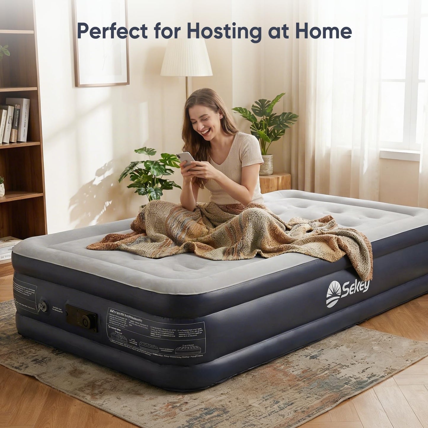 Sekey Twin Air Mattress with Built in Pump, 16" Raised Compact Blow up Mattress, Inflatable Mattress for Camping Guest Home, Portable Travel Air Bed, 3-Min Quick Inflation Deflation, Colchon inflable