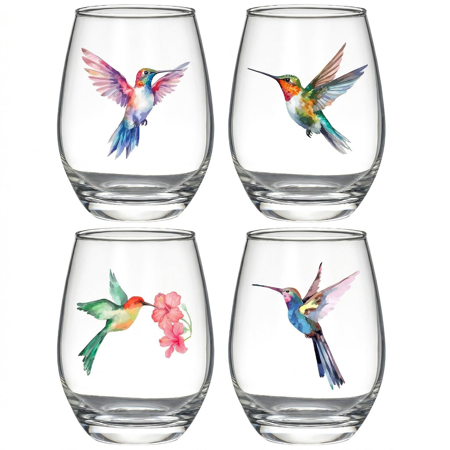 Hummingbird Stemless Wine Glasses Set of 4, Hummingbird Lovers Gifts for Women, Bird and Outdoor Lovers, 15oz Wine Glasses Gifts for Women, Floral Garden Lovers, Forest Birds Hummingbird Decor