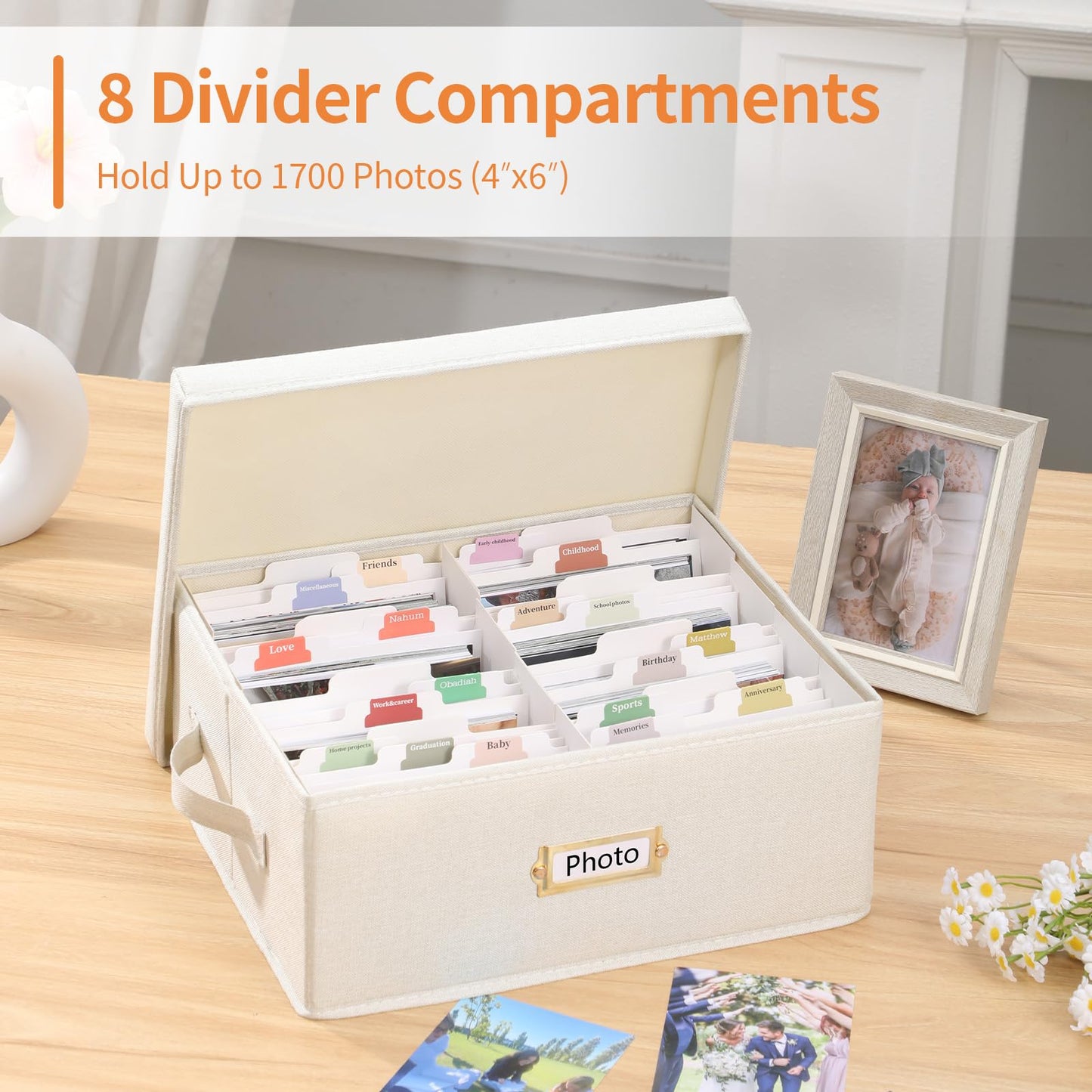 Aokeyee 2PC Photo Storage Box - Decorative Linen Memory Organizer for 4x6 Pictures, Keepsake Box with Dividers & Labels, Holds 1700+ Photos