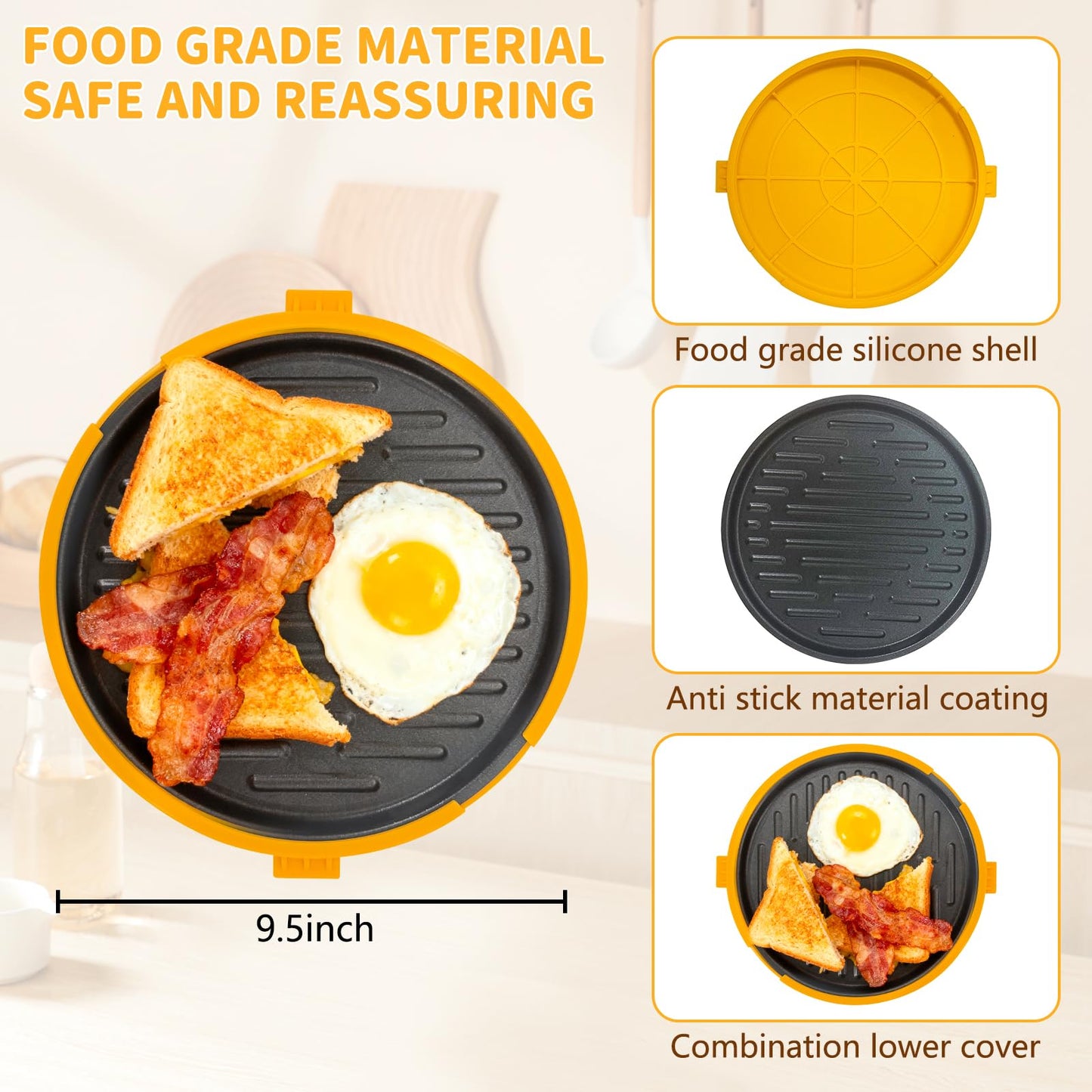 SIRUOO 9.5" Microwave Grill Pan & Crisper Tray - 5-in-1 Nonstick Sandwich Maker, Pizza Pan & Bacon Cooker with lid,Dishwasher Safe Griddle for Grilled Cheese - College Dorm Room & Office Essentials