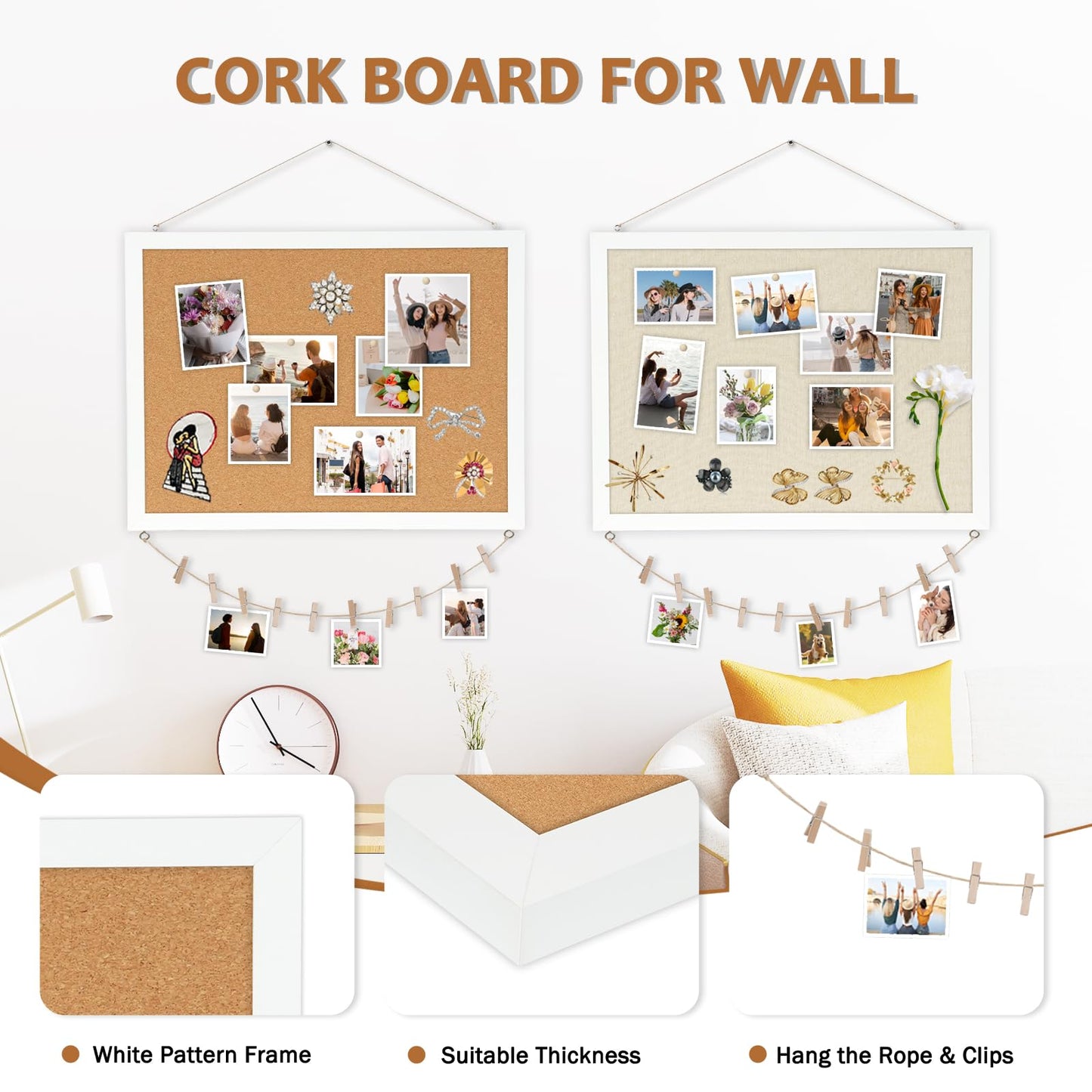 AMUSIGHT Double-Sided Large Cork Board with Linen, 36" x 24" Hanging Wood Framed Bulletin Board, Picture Display Vision Board Corkboards for Wall Room School Office Decor, 20 Pushpins,1pack
