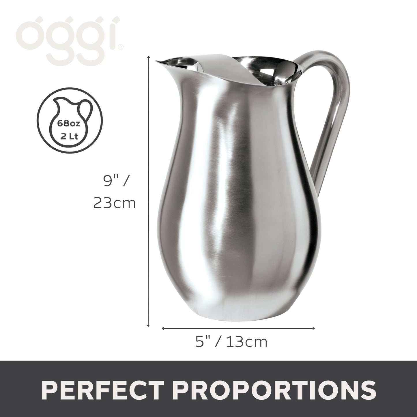 OGGI Stainless Steel Pitcher- Stainless Steel Water w/Ice Guard, Water Carafe, Great Metal Container for Entertaining, Ideal 68oz / 2 Lt Drink Pitcher