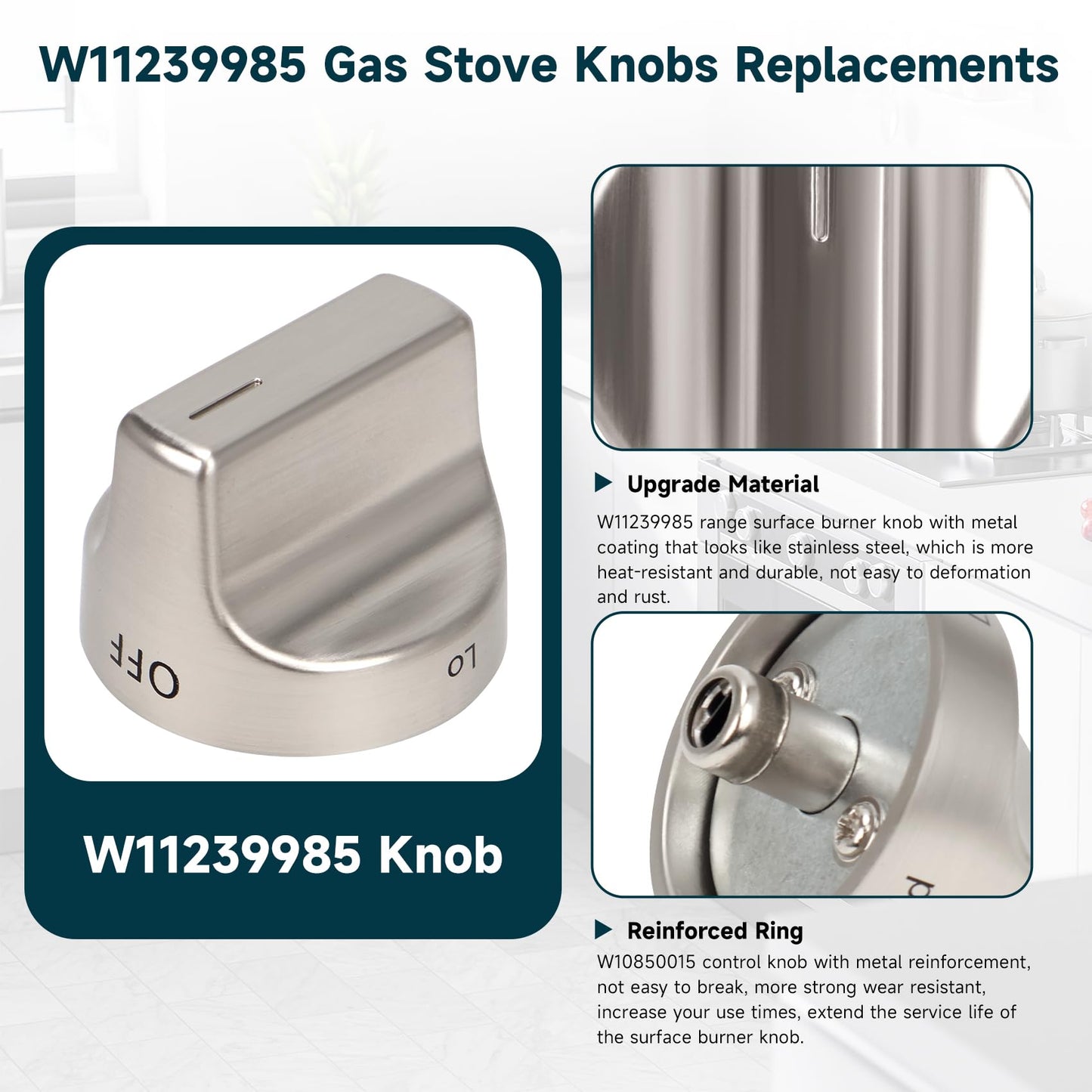 W11239985 W10850015 Gas Stove Knobs (5PCS) Replace W11032553 Control Knob, Compatible With whirlpool WFG550S0HZ0, WFG550S0LV1, WFG525S0HV1, WFG535S0JV0, WFG550S0HV0, WFG525S0JZ0, WFG550S0HV3 Gas knobs