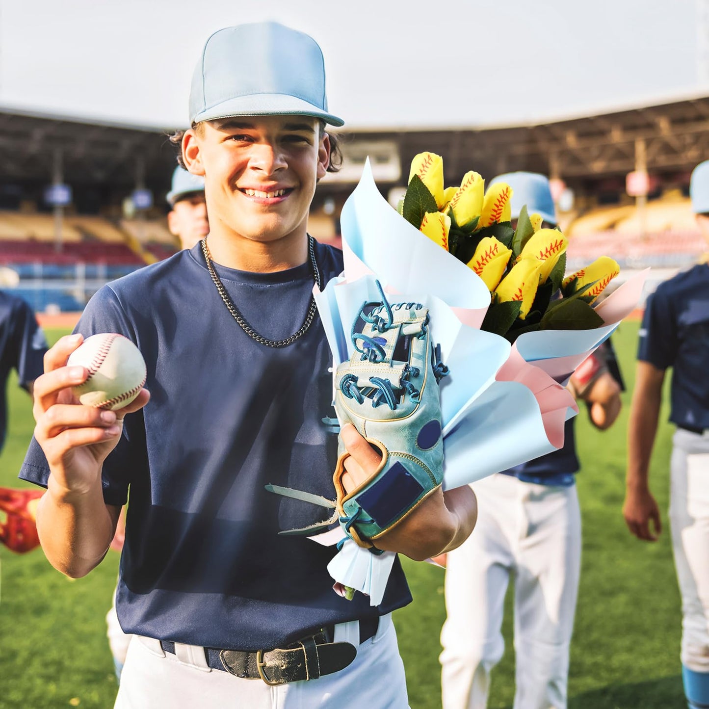 Suhine 12 Pcs Softball Rose Bulk Artificial Baseball Gifts Flower Decor for Graduation Wedding Party Sports Theme Bouquet Gift for Girl Coach Team Player Fan