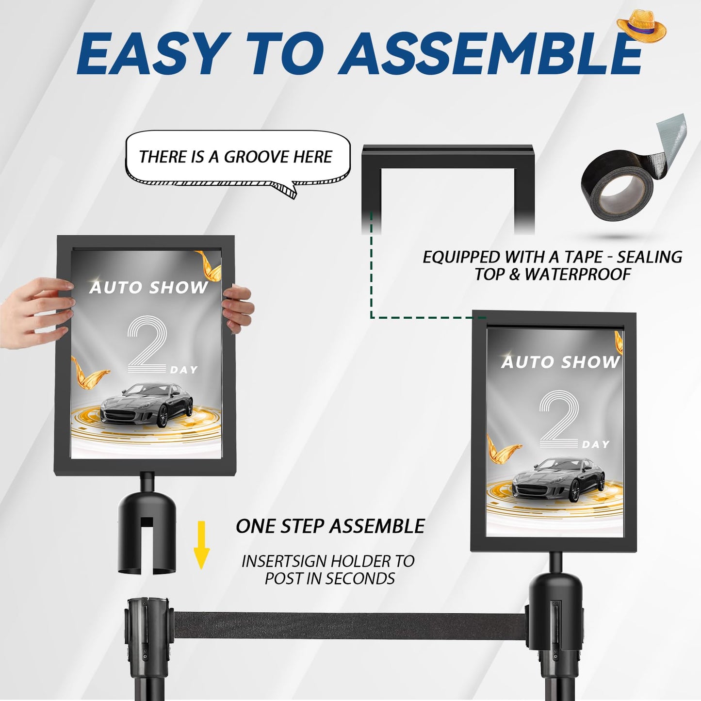 Estleys 4 Pcs Stanchion Sign Holder 8.3 x 11.7, Portrait Post Top Stand Poster Display, Double Sided Sign Frame with Cover for Crowd Control Queue Barrier Sentry Stanchions Black Iron