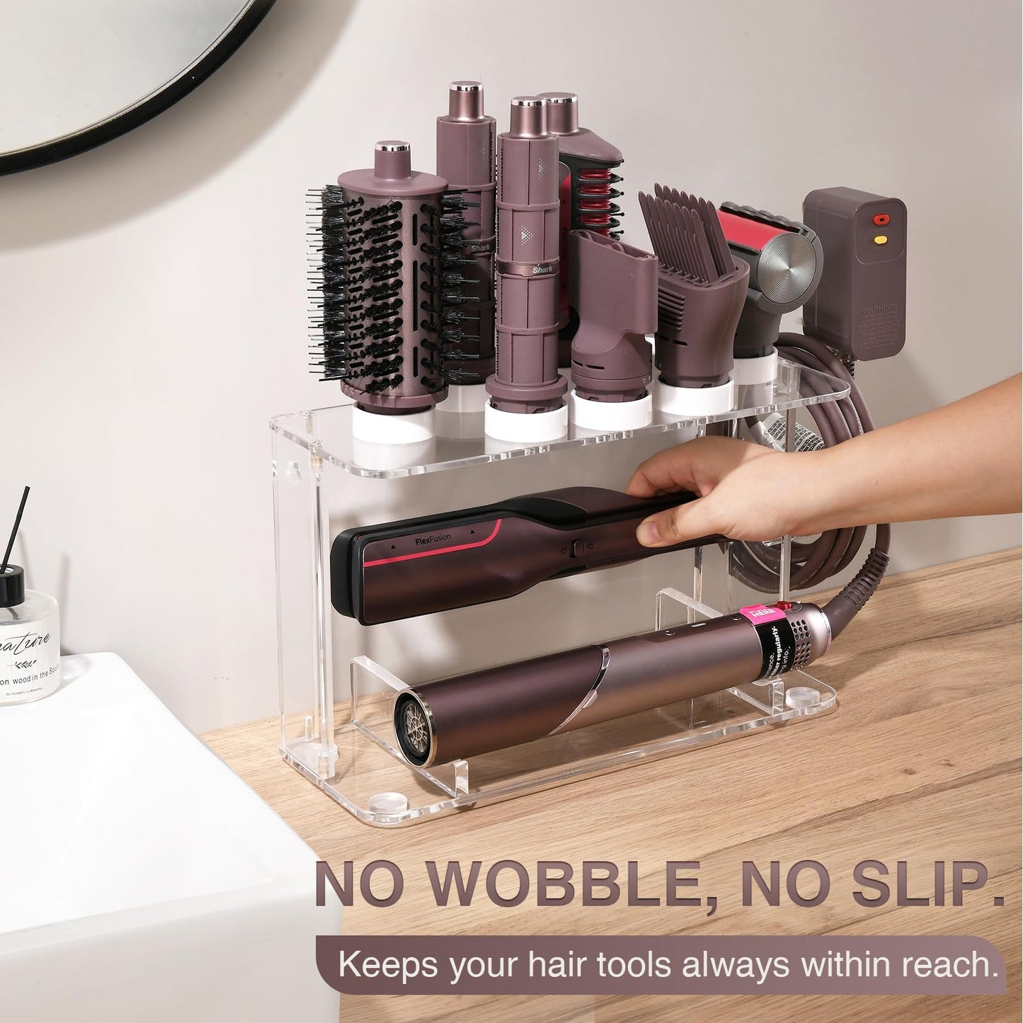 HAVICATO Hair Tool Holder for Dyson Airwrap Attachments, Storage Holder Compatible with Shark FlexStyle FlexFusion, Acrylic Display Rack Countertop Organizer Wall Mount for Hair Stylers, Clear&White