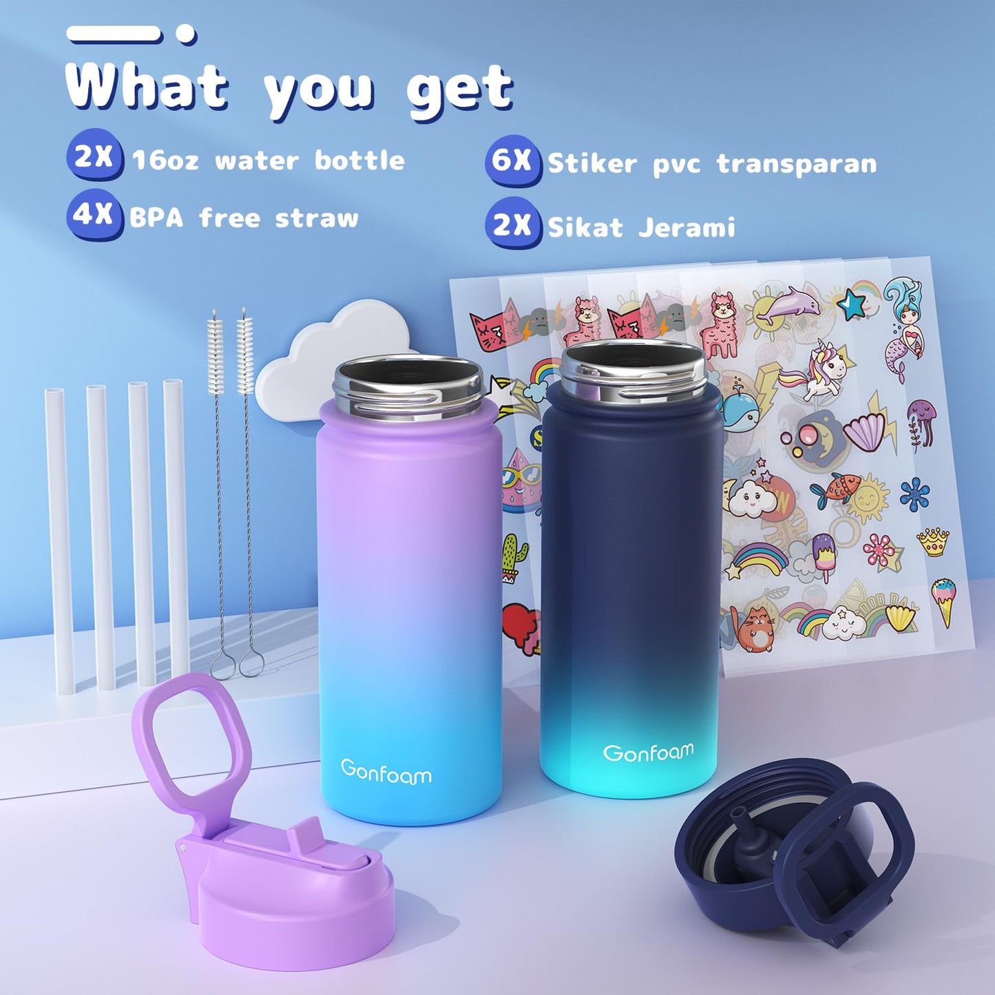 Kids Water Bottle, 2-Pack 16oz Water Bottles with Stickers and Straw, Stainless Steel Vacuum Insulated cup, Kids Water Bottle for School, Gifts for Boys and Girls(Blue/Purple)