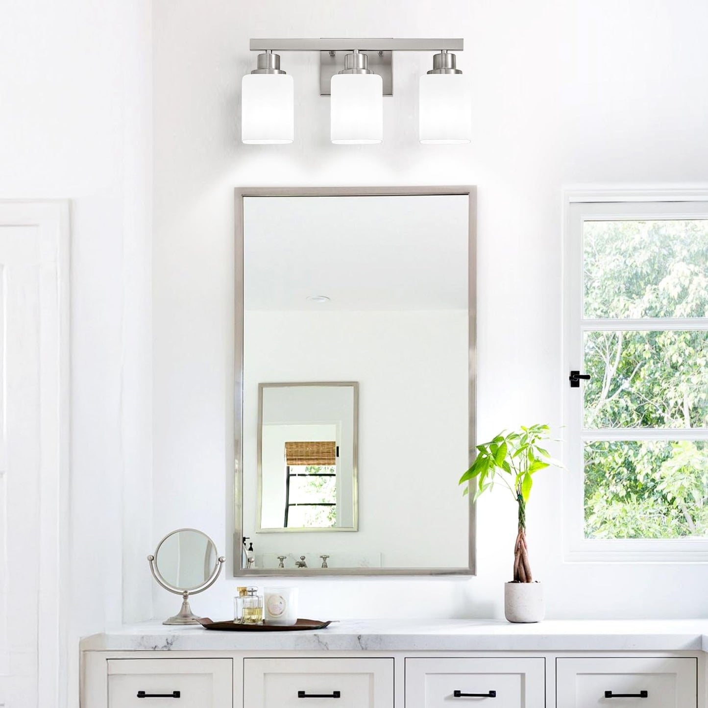 DIKAIDA 3-Light Bathroom Vanity Light,Brushed Nickel Vanity Lights with Square Frosted Glass,Modern Bathroom Wall Lights Fixtures Over Mirror,Wall Sconces Lighting for Bedroom Living Room,E26