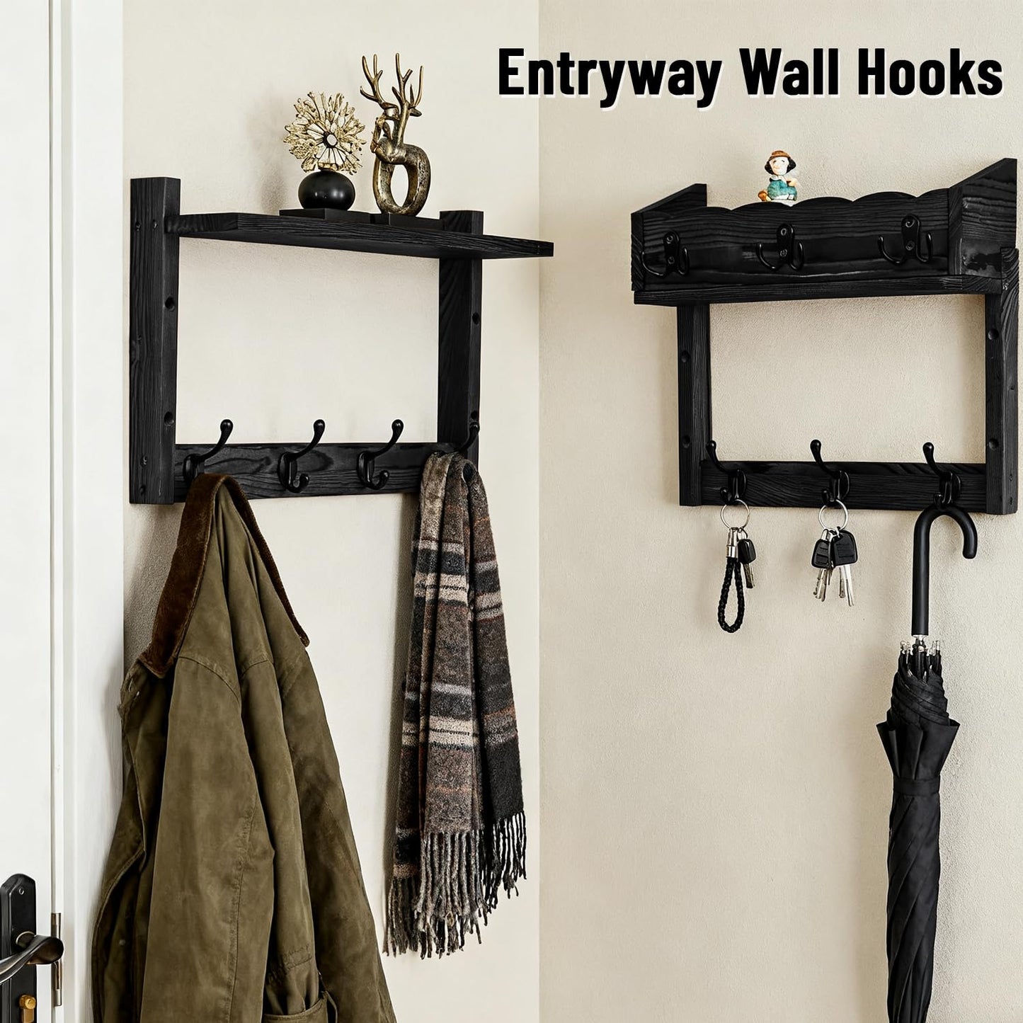 Dellicasi 28" Coat Rack Wall Mount with Shelf, Entryway Key Holder Wall Mount Wood Wall Coat Hooks with 7 Hooks 3 Key Hanger, Wall Mounted Coat Rack Mail Holder for Living Room, Bedroom