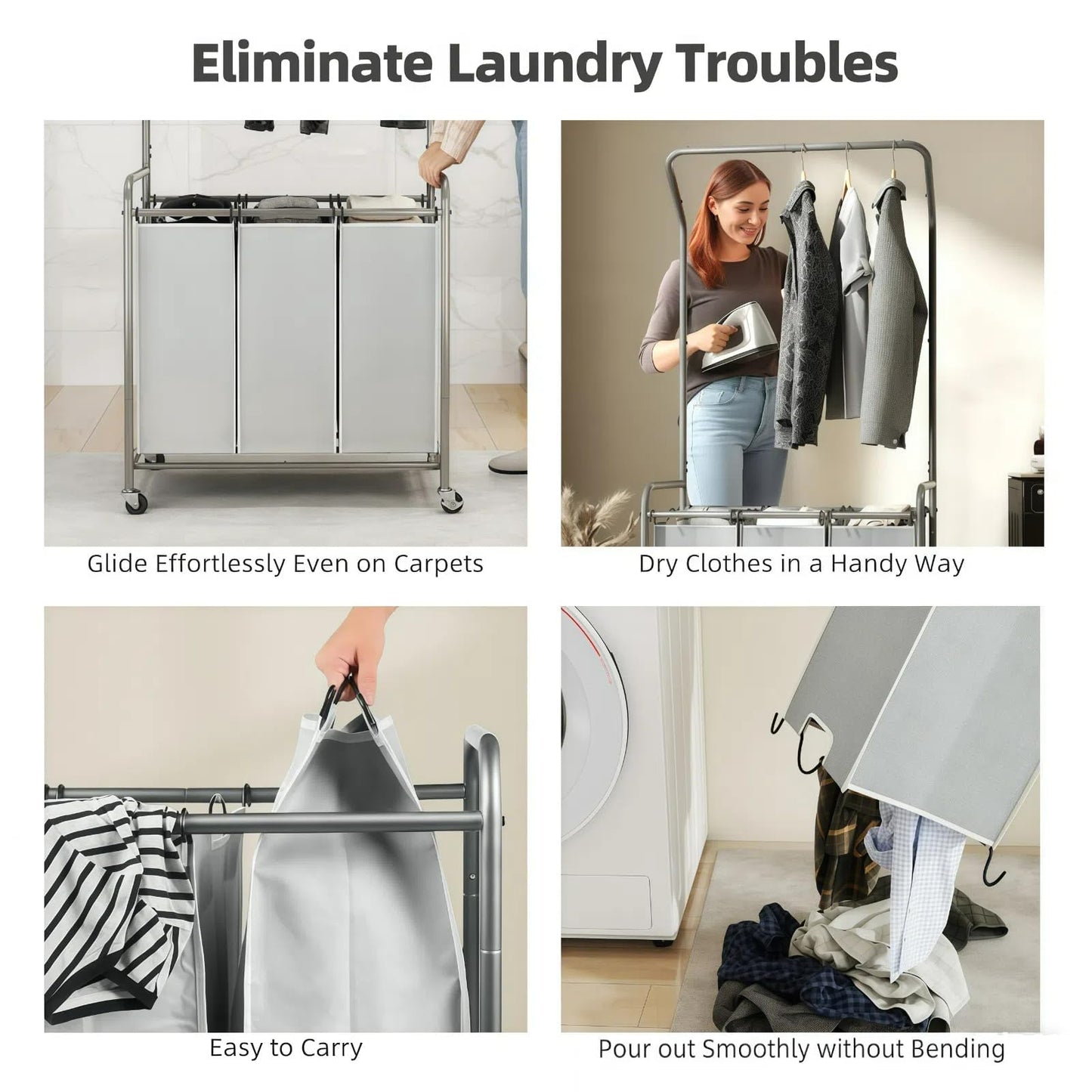 ROMOON Laundry Sorter Hamper with Hanging Bar, 3 Section Rolling Laundry Cart with Clothes Rack & Heavy-Duty Lockable Wheels, Divided Laundry Basket Organizer for Apartment & Small Spaces (135L Grey)