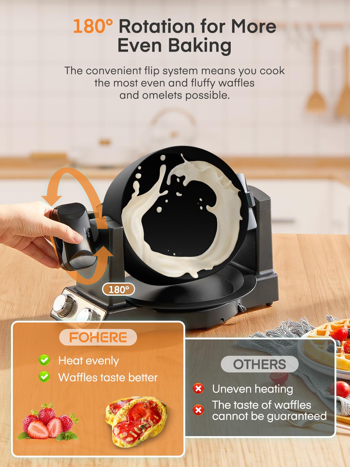 FOHERE 2-in-1 Omelette Maker&Waffle Maker, 1400W Omelet Maker 180° Flip, Adjustable Browning Control, Non-Removable & Nonstick Pans, Make Two Omelet and One Waffle at Once for Home (Dark Black)