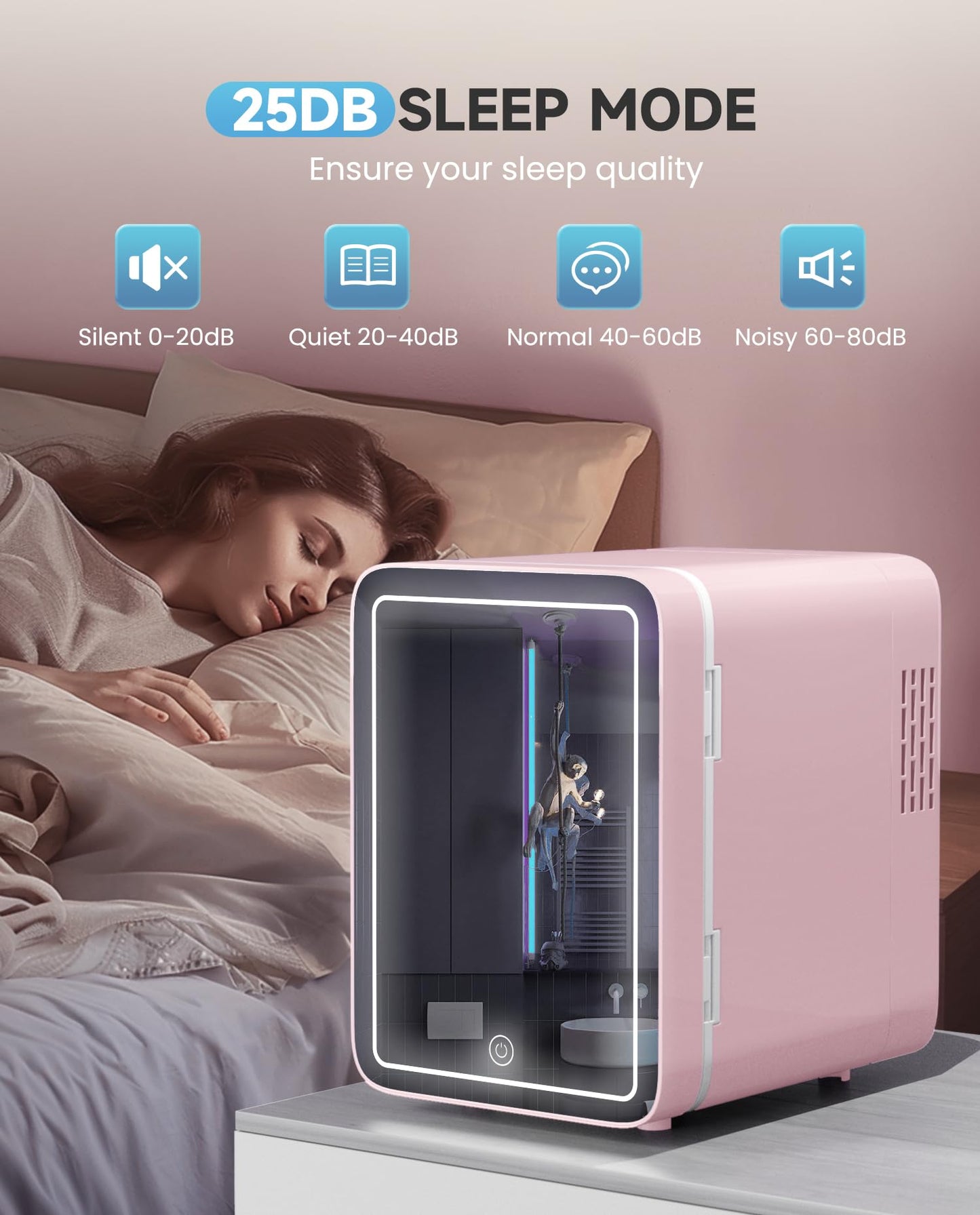 CUTIEWORLD Skincare Fridge with Dimmable LED Light Mirror, 4L Mini Fridge For Desktop, Travel or Cool & Heat, Makeup Fridge for Cosmetics, Skin Care and Food, Pink