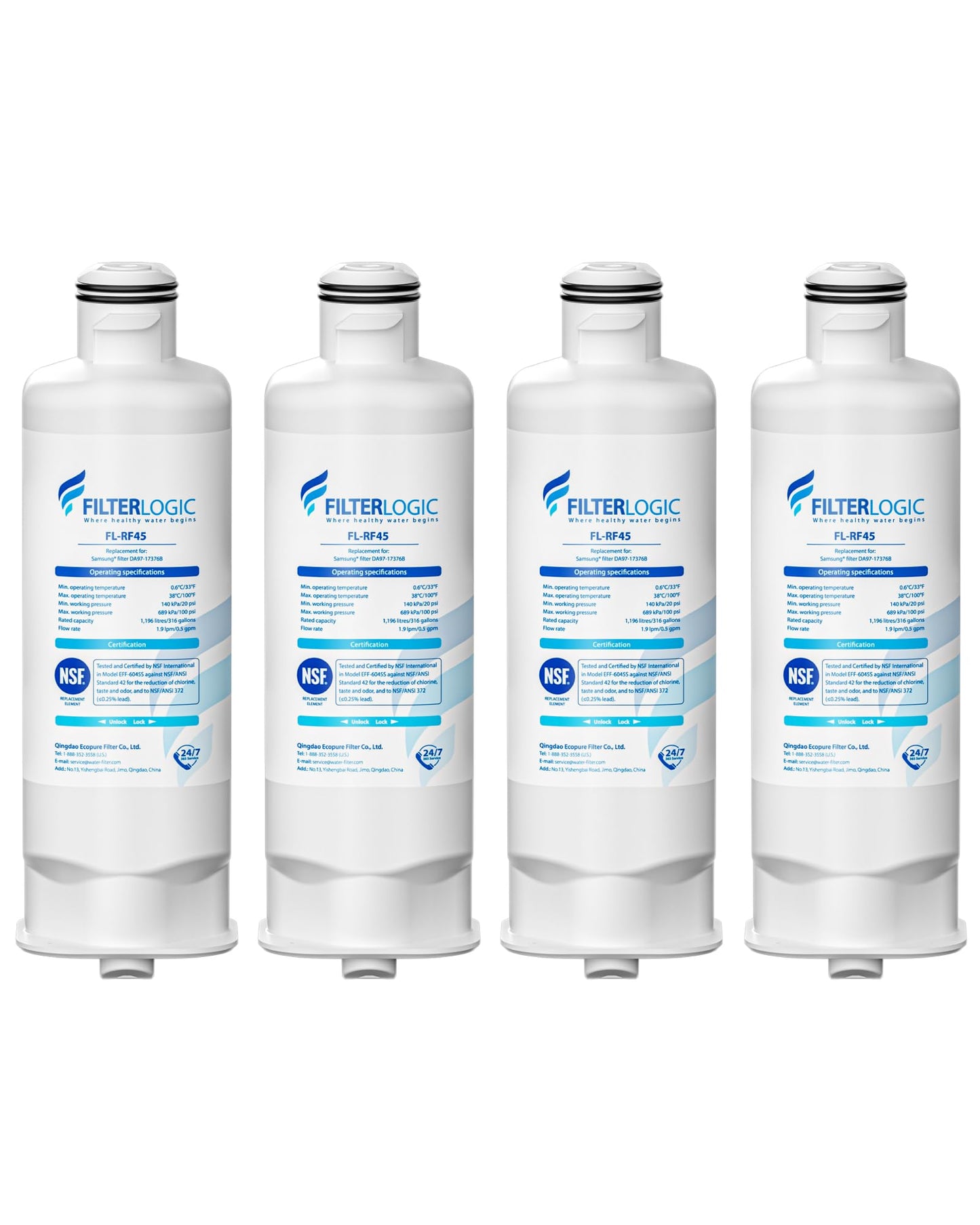 Filterlogic FL-RF45 Refrigerator Water Filte, Replacement for Samsung® DA97-17376B, HAF-QIN/EXP, DA97-08006C, RF28R7201SR, RF28R7351SG, 4 Pack