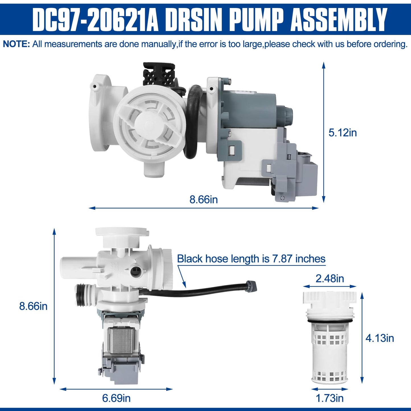 ITULCYO DC97-20621A Washer Drain Pump Assembly（OEM）Compatible with Samsung Washer Drain Pump Assembly Replace Number：DC97-17999N，DC31-00187A，AP6807020，PS12592830，EAP12592830，495963