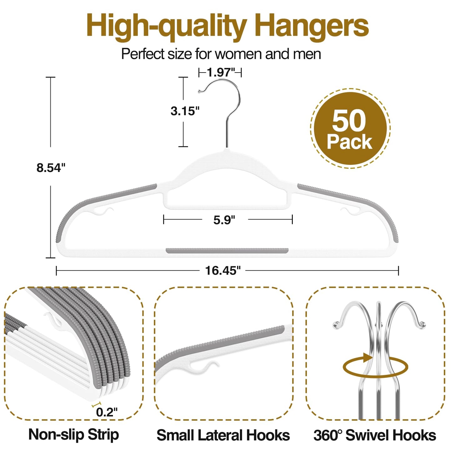 UEAKPIC Plastic Hangers 50 Pack, 16.5 in Heavy Duty Clothes Hangers with 360° Swivel Hook, Non-Slip Bar & 0.2" Ultra-Slim Space-Saving Organizers for Coats, Pants, Suits, Shirts, White & Dark Gray