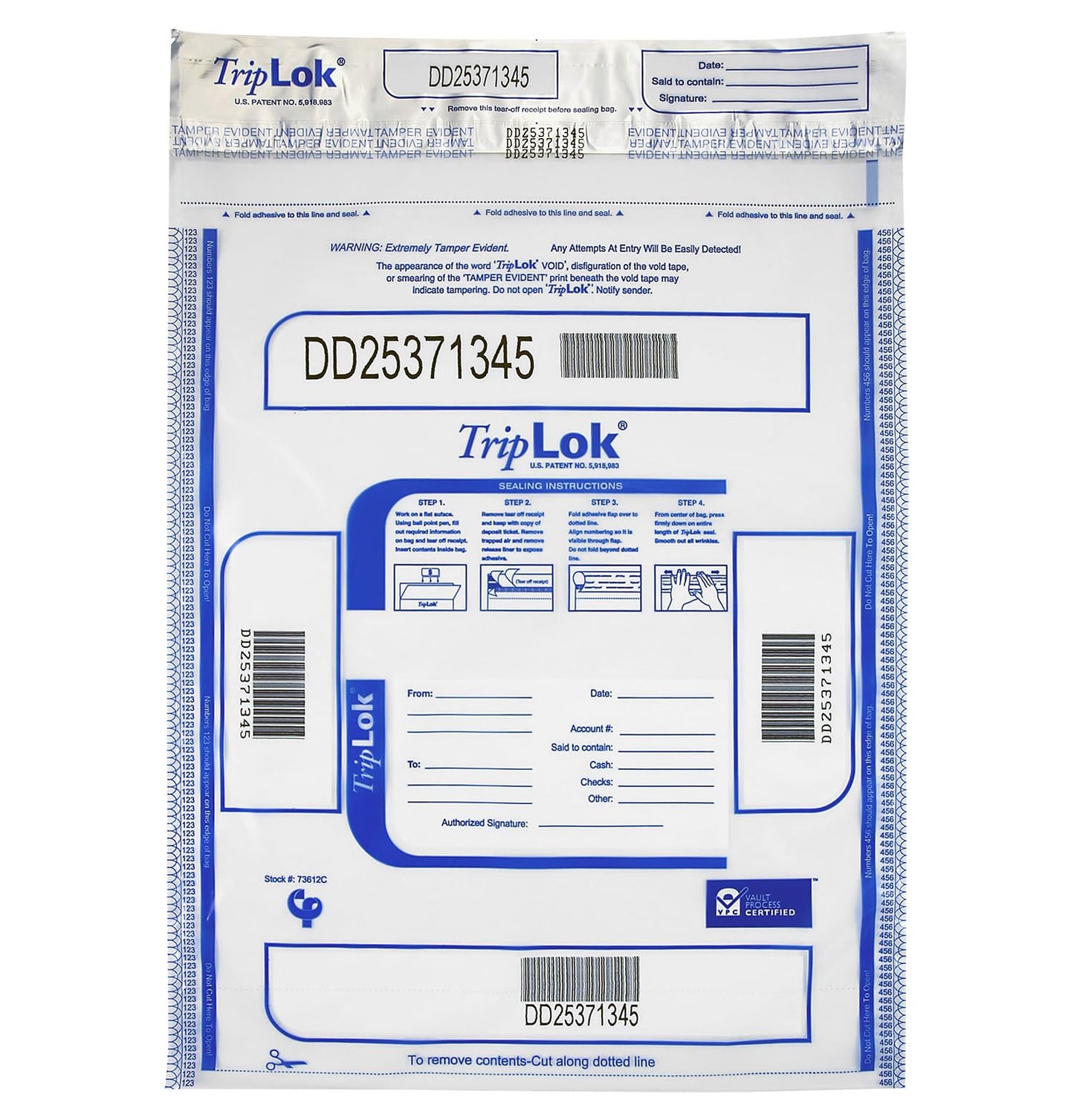 ControlTek TripLok 12" x 16", Clear, 100 Bags, Tamper-Evident Deposit Bags for Cash Handling & Valuables, Moisture, Heat and Cold Sensitive Ink, Tear-Off Receipt + Large Barcodes 585040