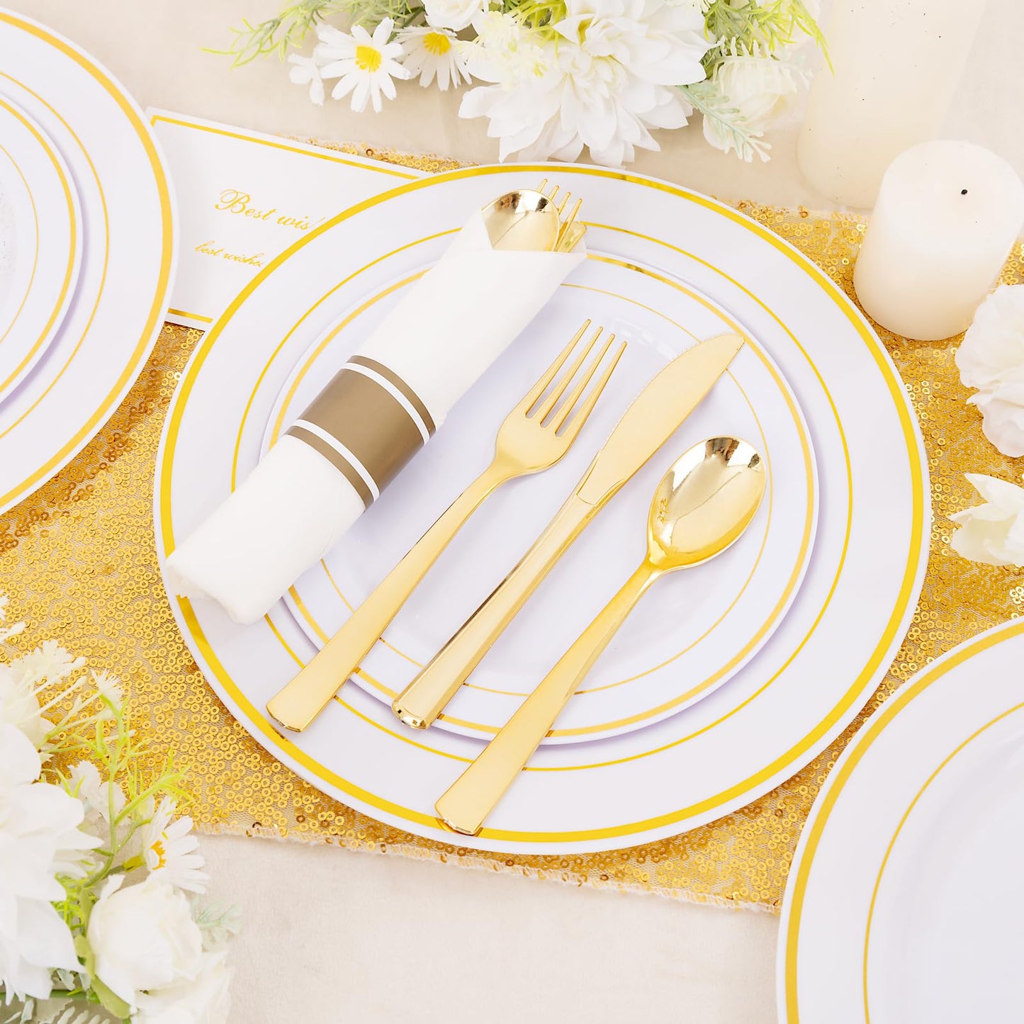 DaYammi 350PCS Gold Plastic Dinnerware Set for 50 Guests, Fancy Disposable Plates for Party, Include: 50 Dinner Plates, 50 Dessert Plates, 50 Pre Rolled Napkins with Gold Silverware, 50 Cups