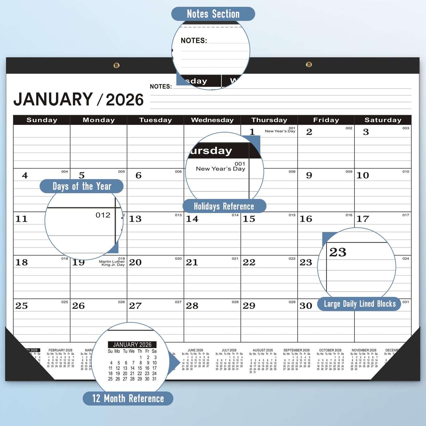 Desk Calendar 2026-2027,July 2026 to December 2027,Desk calendar 2026-2027 Large 22x17, Classroom Calendar 2027 with PVC Cover,Round Holes& NOTES List (Black),18 Months Calender 2027