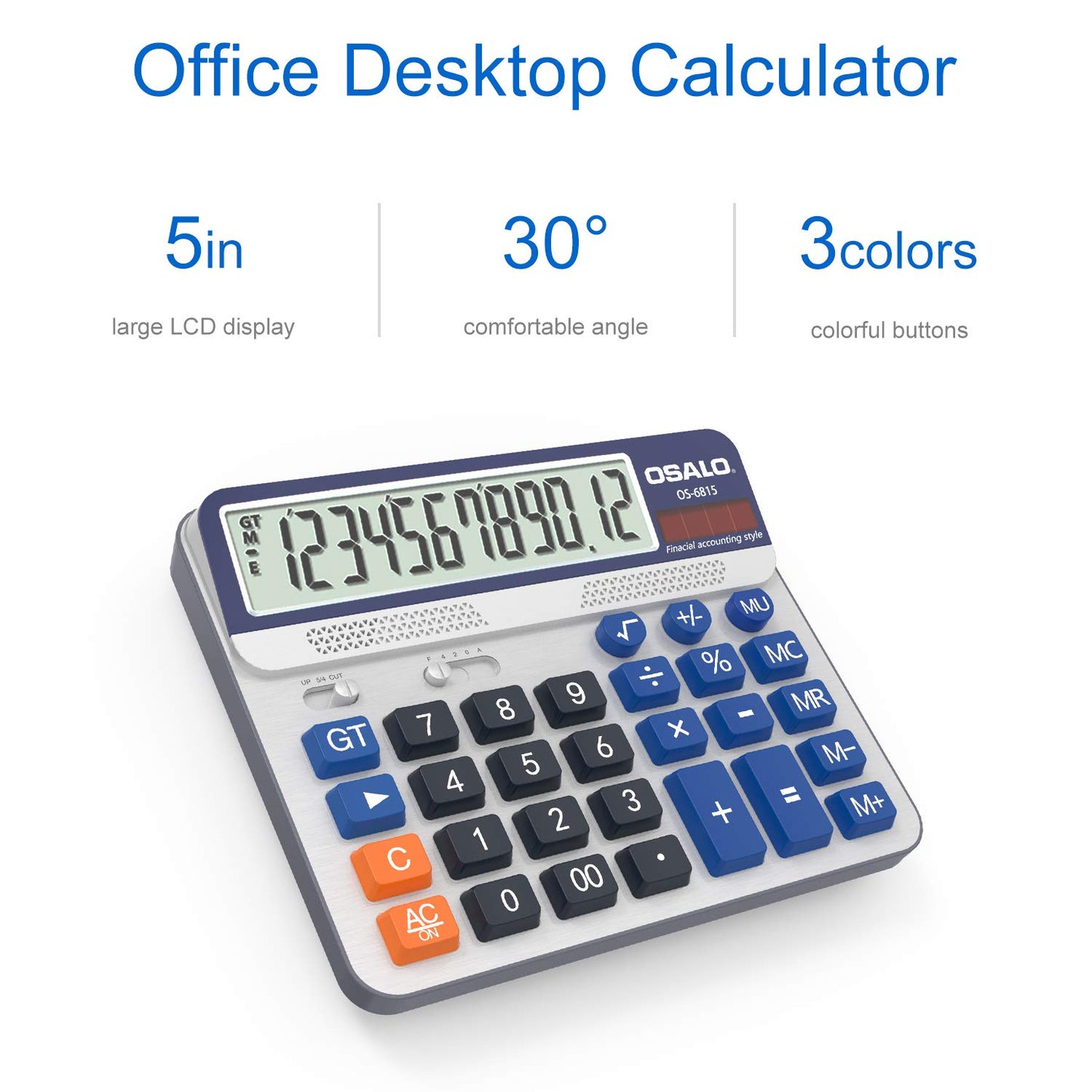 Desktop Calculator Extra Large 5-Inch LCD Display 12-Digit Big Number Accounting Calculator with Giant Response Button, Battery & Solar Powered, Perfect for Office Business Home Daily Use(6815-2pcs)