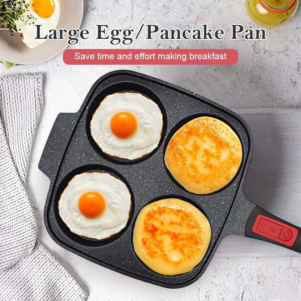 RANX INGST 10 inch Large Egg Pan with Lid, 4-Cup Pancake Pan Nonstick Omelette Skillet with Detachable Handle Induction Compatible - Black