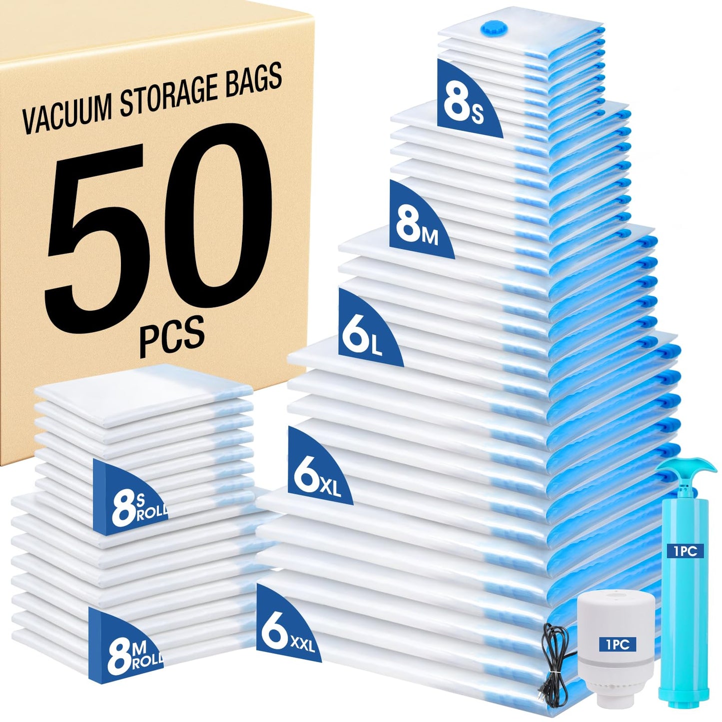 AROIC 50 Pack Vacuum Storage Bags, 5 Sizes + 2 Roll-up (8 Each) Space Saver Vacuum Sealer Bags for Clothing with 1 Electric Pump and 1 Hand Pump, Seasonal Storage Bags for Luggage, Travel Essentials