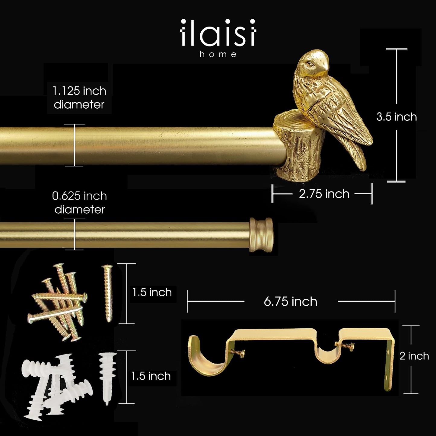 ILAISIHOME 1-1/8 Inch Diameter Brushed Gold Curtain Rod with Bird Design Finials, 72-144'' Telescoping Double Curtain Rods for window width 68-140 inch, Decorative Drapery Rods for Bedroom,Living Room