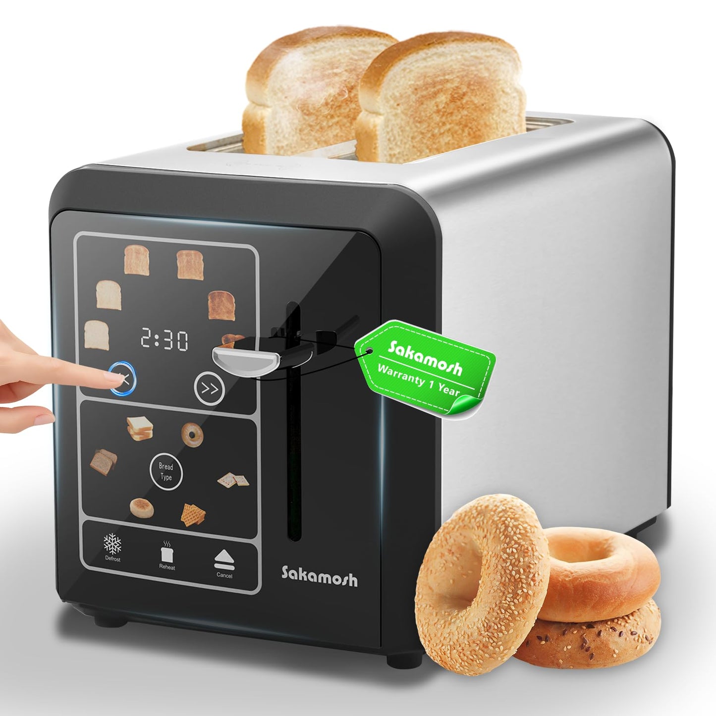SAKAMOSH Smart Toaster 2 Slice, Touch Screen, Digital Toasters with 6 Browning Levels & 6 Bread Types, Bagel, Extra Long Wide Slots, Memory Function, Timer, 800W, Stainless Steel