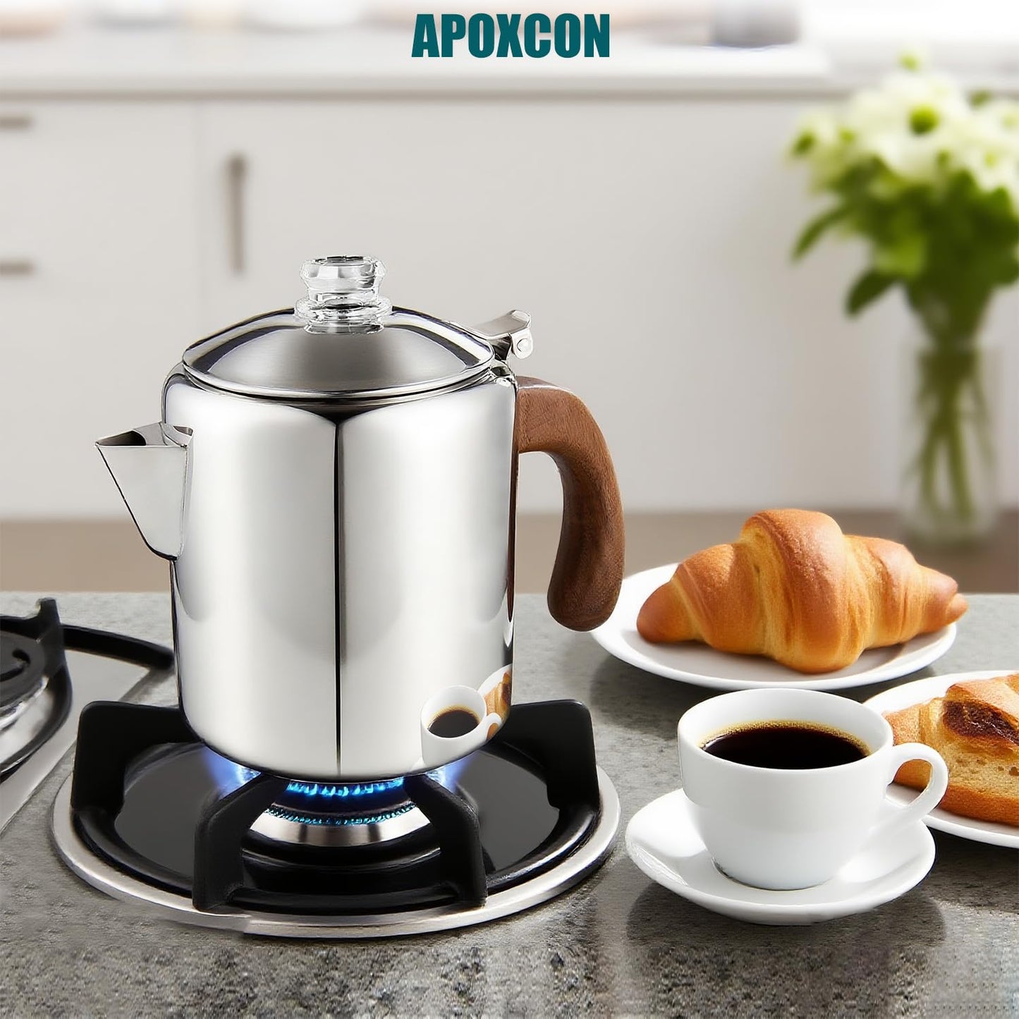 APOXCON Coffee Percolator Stainless Steel Coffee Maker with Fireproof Solid Wood Handle & Tough Glass Clear Brew Progress Knob Camping Coffee Pot Using on any Stovetop NO Aluminum NO Plastic (6 Cup)