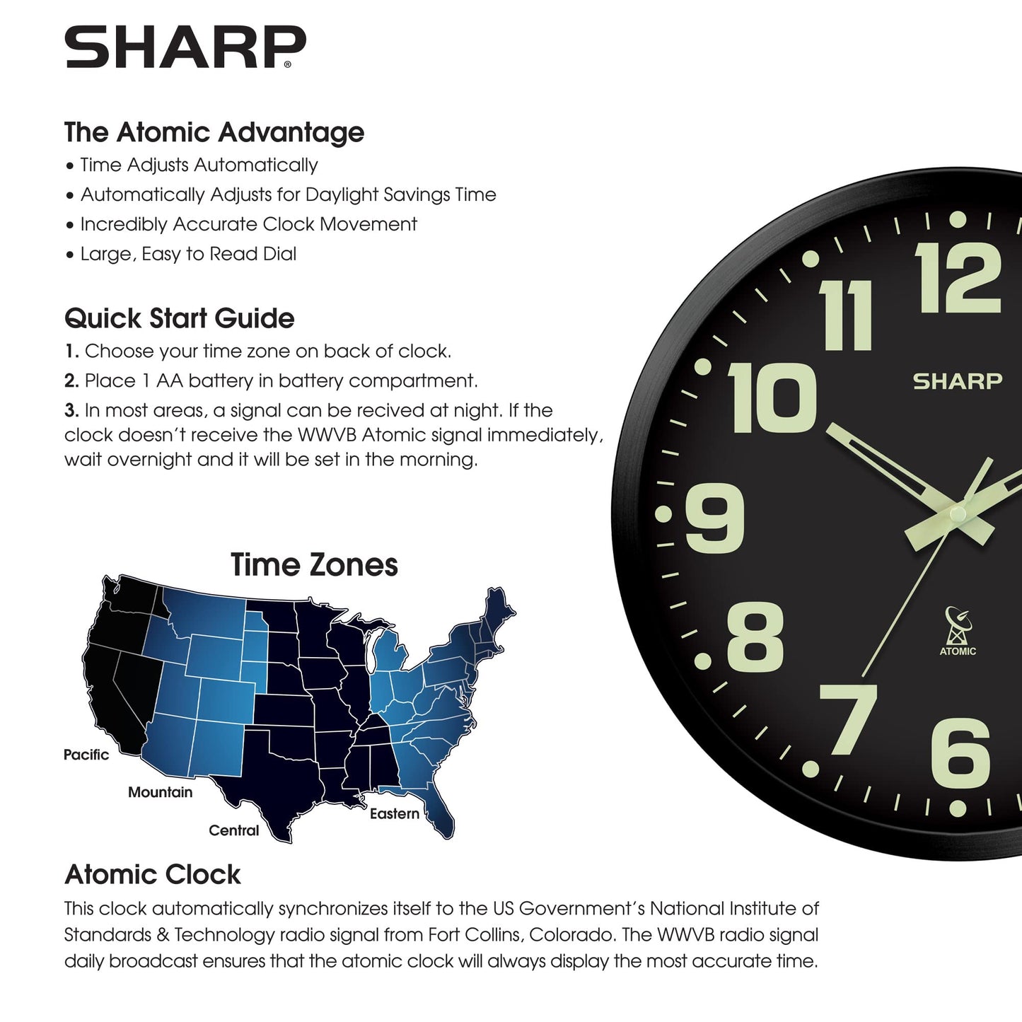 Sharp Glow in the Dark Atomic Analog Wall Clock - 12" Clock with Black Frame - Sets Automatically - Battery Operated - Easy to Read - Easy to Use – See Day or Night!