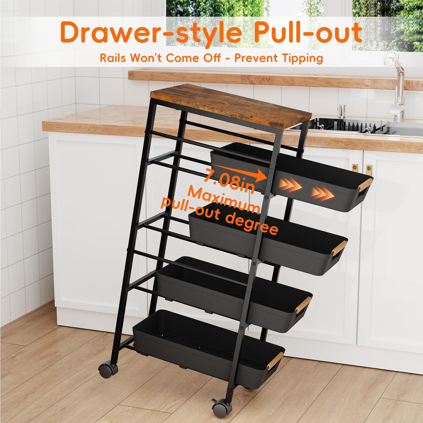 Landmok 5-Tier Slim Storage Cart, Wooden Top Rolling Kitchen Cart with Pull-Out Baskets & Wheels, Narrow Space Utility Cart Slide Out Organizer for Kitchen, Bathroom, Laundry Room, Black