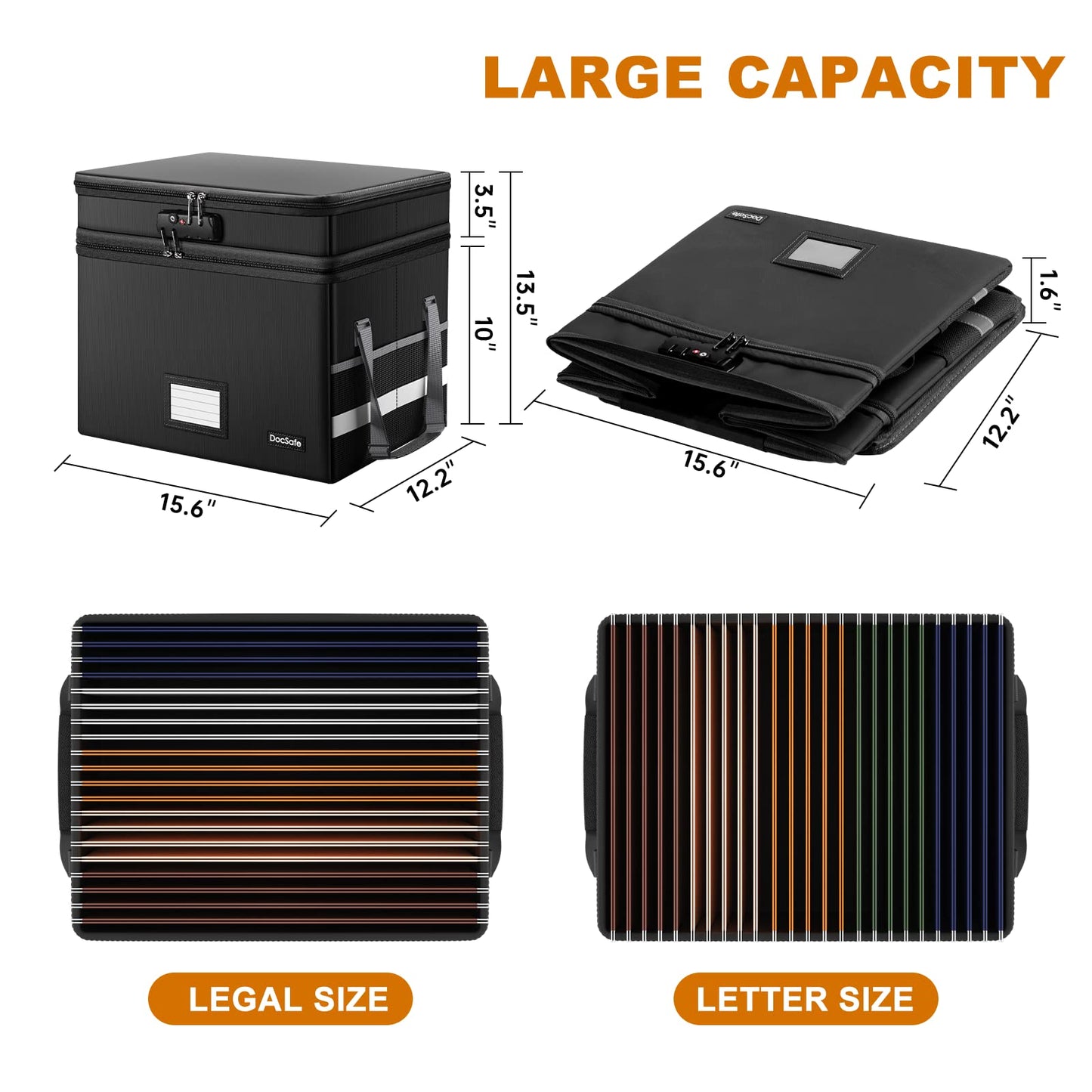 DocSafe File Box with Lock,Multi-Layer Fireproof Document Box Collapsible File Storage Organizer with Pockets/Handle,Large Portable Home Office Filing Safe for Hanging Letter/Legal Size Folders,Black
