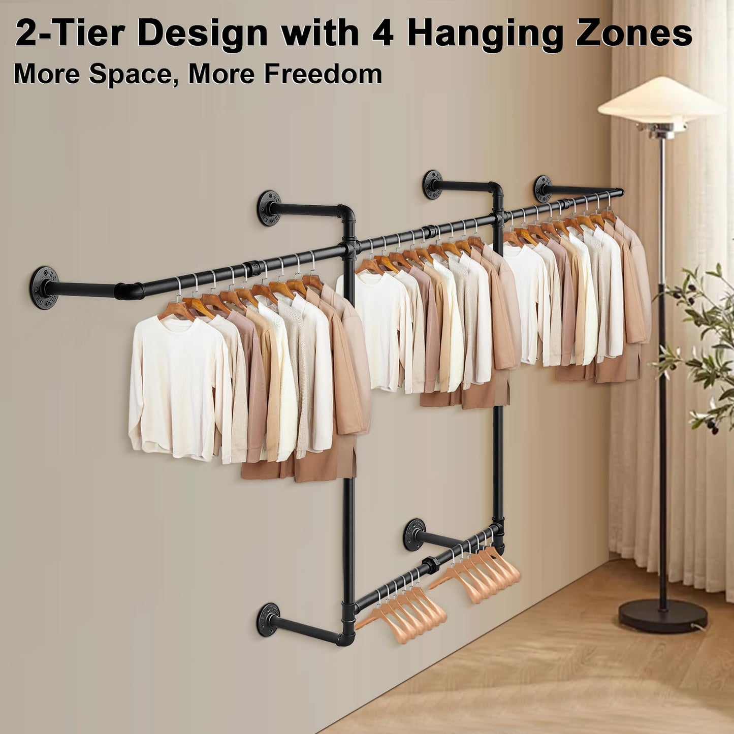 Livabber Industrial Pipe Clothes Rack, Heavy Duty Detachable Iron Garment Rack Wall Mounted, Rustic Saving Space Clothes Bar Multi-Purpose Hanging Rod for Bedroom, Closet, 2 Tier, Black (82 Inch)