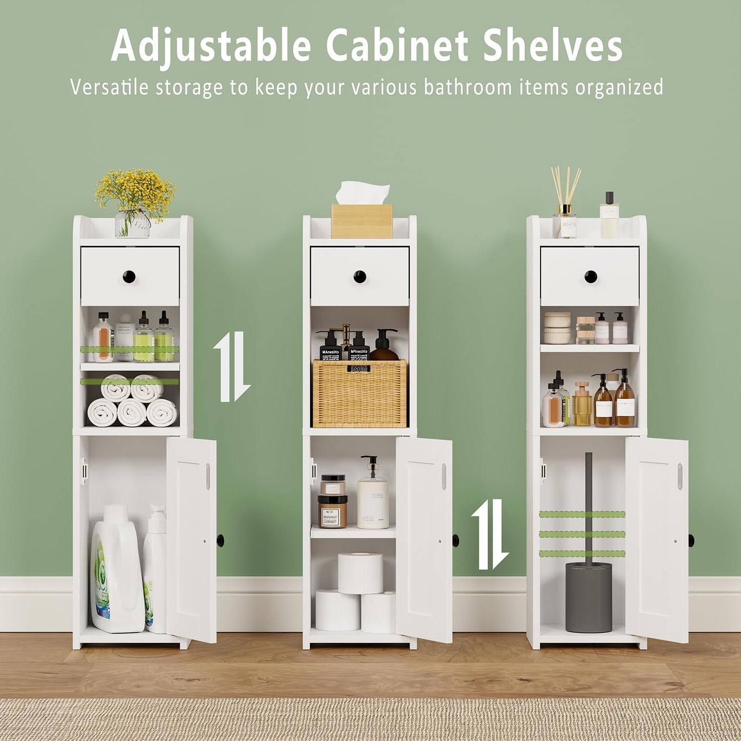 Lomojo Small Bathroom Storage Cabinet,Narrow Toilet Paper Holder,Corner Floor Cabinet with Doors and Drawer for Small Space,Adjustable Shelf Organizer,7.75L*7.75D*29.6H,White