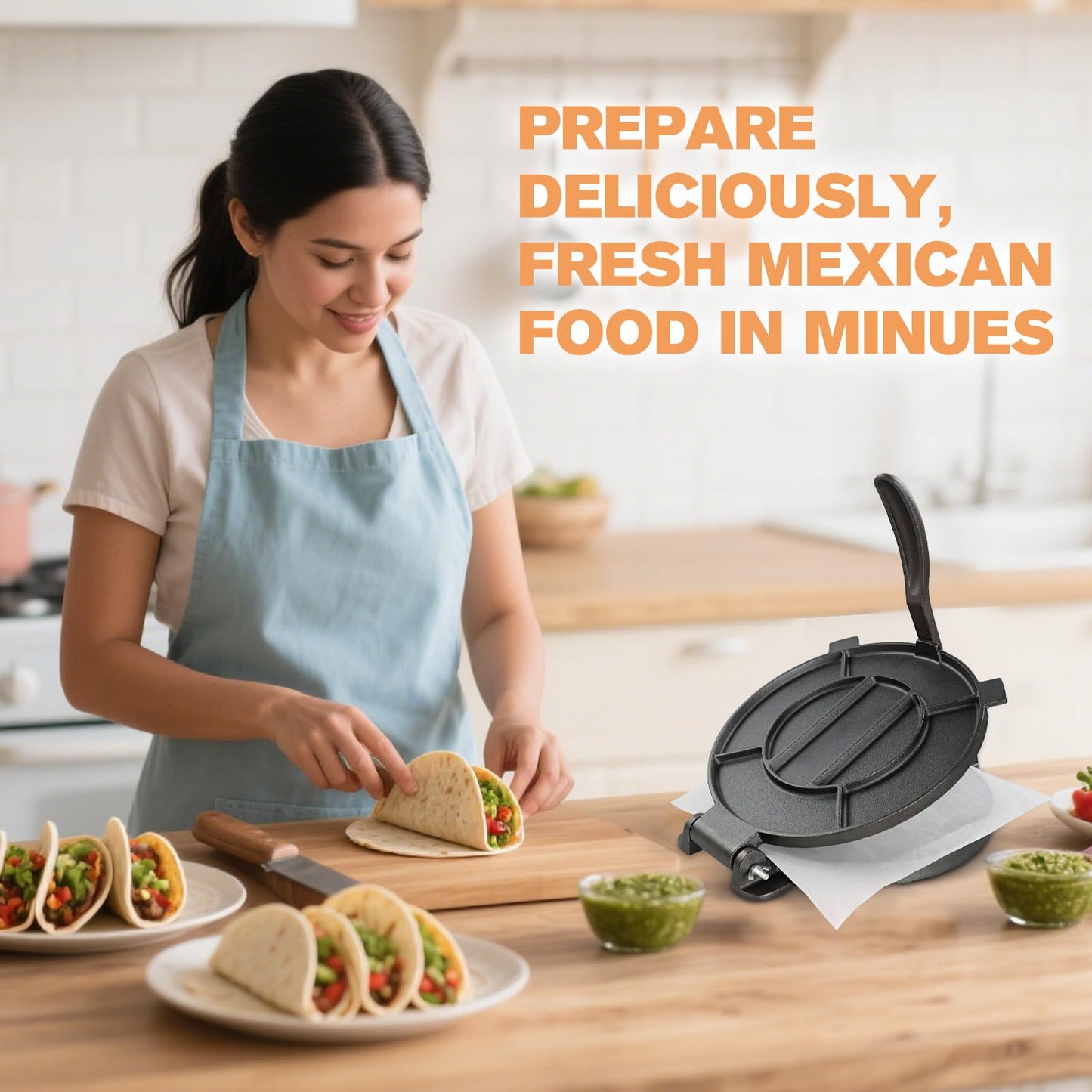 Cast Iron Tortilla Press 10 inch, Heavy Duty Tortilla Pataconera, Flour Tortilla Press with Foldable Handle, Taco press with Some Parchment Paper, Roti Maker, Black