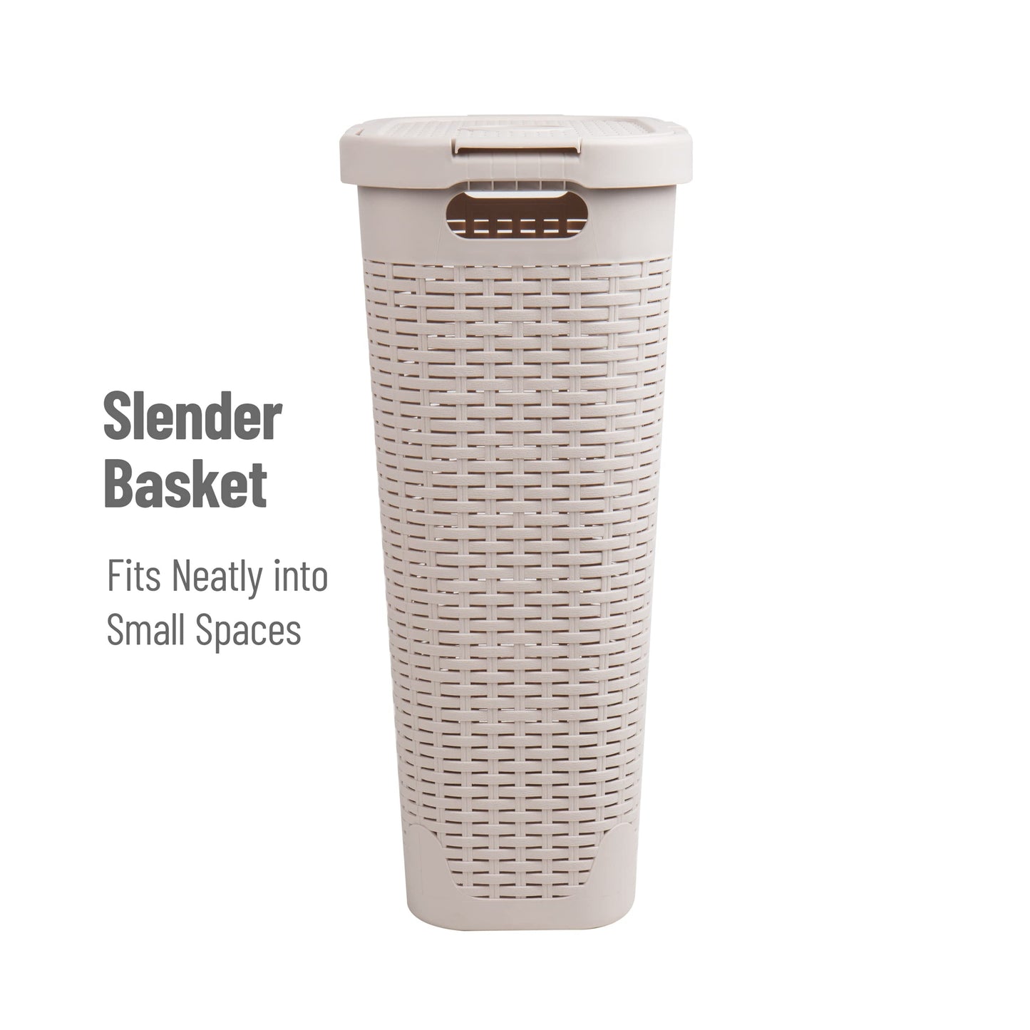 Mind Reader Slim Laundry Hamper with Lid, 40L Clothes Basket, Narrow Tapered Design with Ventilated Cutout Pattern, Plastic, Ivory