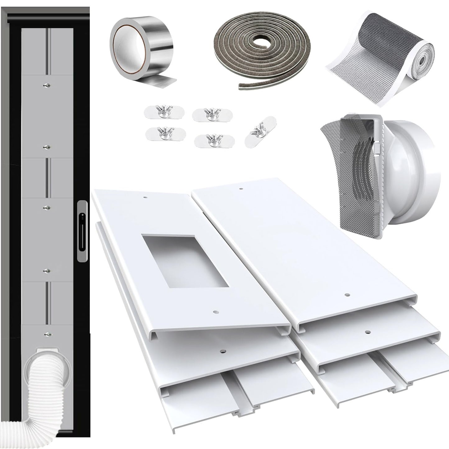 Gulrear Max 95"Sliding Door Air Conditioner Vent Kit with Screen net & 2 weather strippings Energy Saving Airtight Universal 5.0/5.9 Inch AC Hose Coupler Portable AC Balcony Door Plates kit