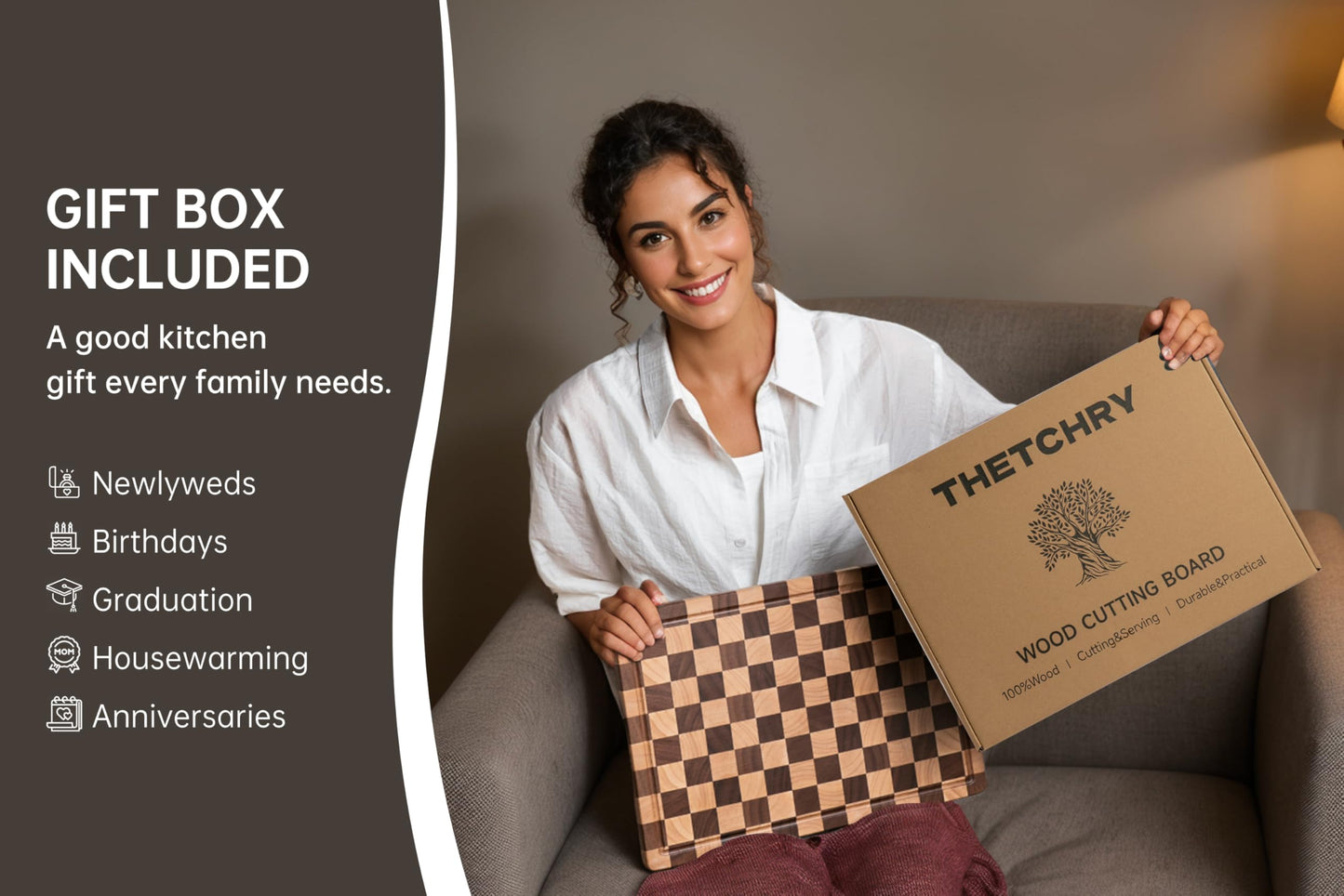 THETCHRY Cutting Boards for Kitchen, Checkered Cutting Board End Grain, Acacia Wooden Chopping Board with Juice Groove & Handle, Serving Tray for Meat, Bread & Fruit, 14"L x 11"W x 0.8"Th