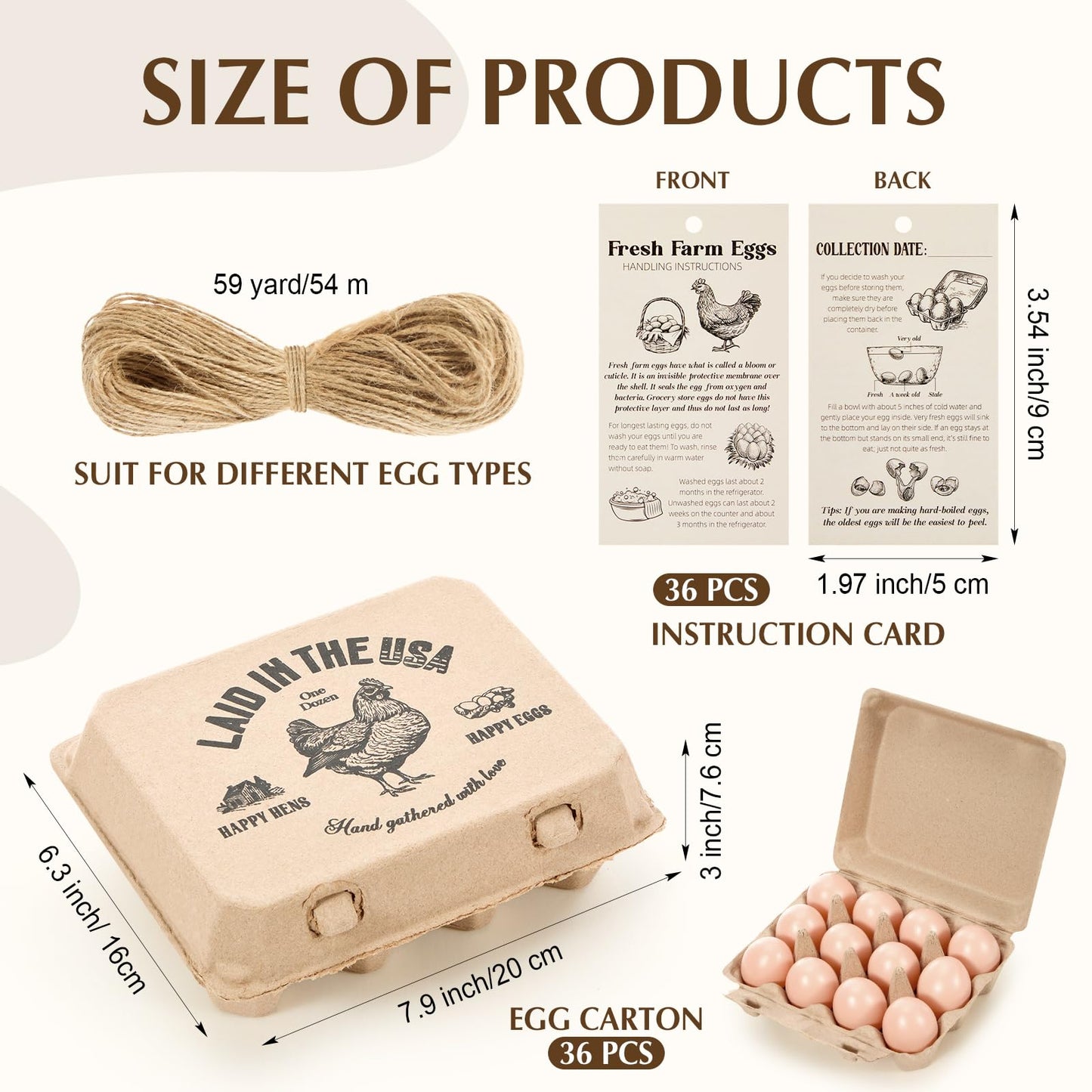 Maxdot 36 Pack Egg Cartons Bulk 3x4 Style Holds Cardboard Egg Cartons Made from Paper Pulp with Instruction Cards & Jute Rope Empty Egg Tray Holder for Family Farm, Supermarkets, Kitchen