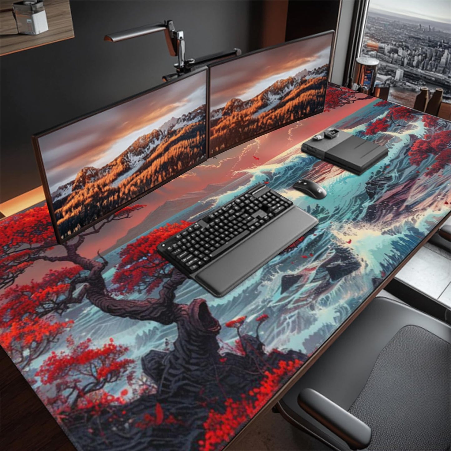 ZOCOZY XXXL Japanese Sea Wave Desk Mat 48"x24" - Full Desktop Protector & Non-Slip Gaming Mouse Pad with 3mm Thick Base & Stitched Edge for Dual Monitors, Office & Home
