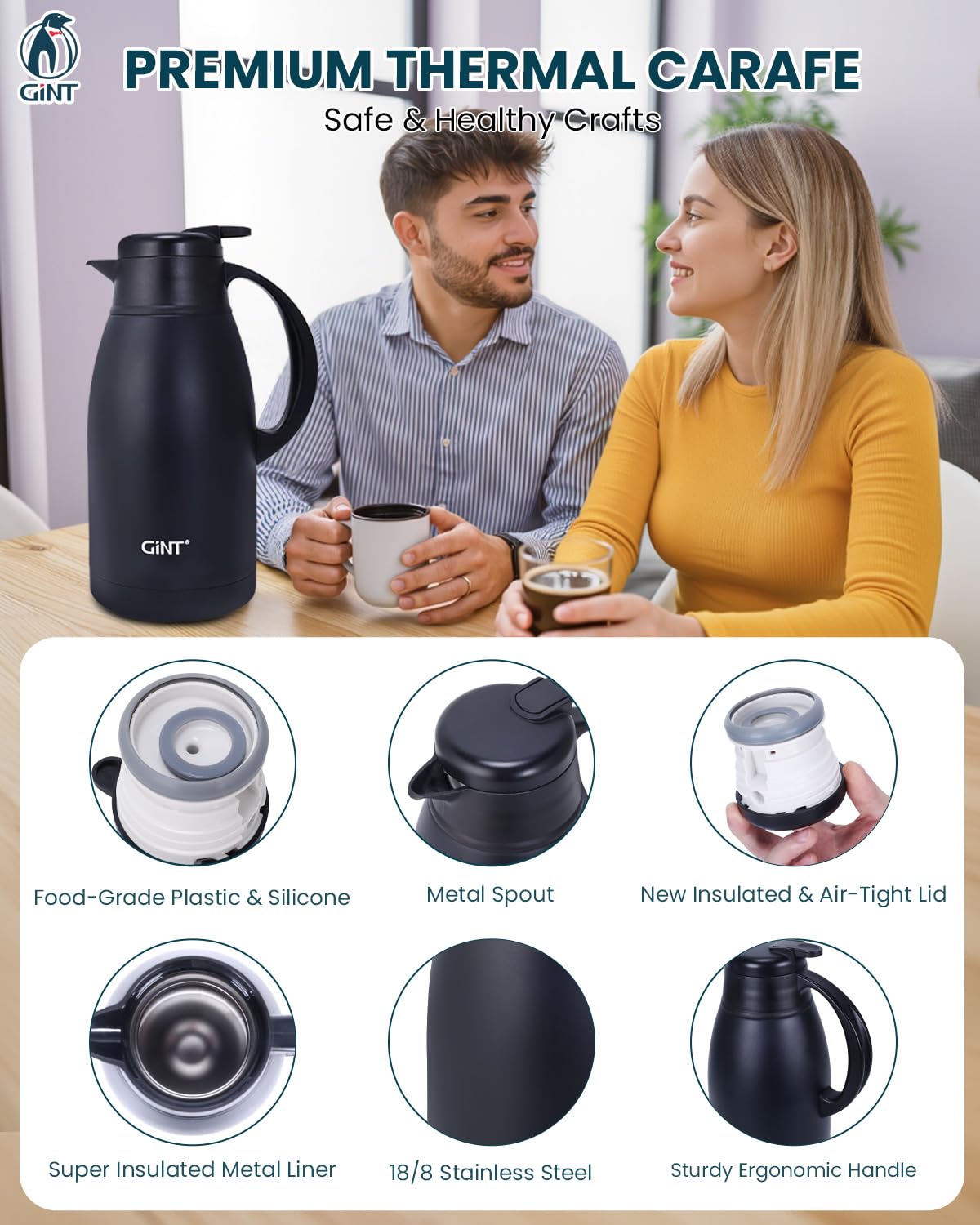GiNT Stainless Steel Thermal Coffee Carafe, Double Walled Vacuum Water and Beverage Dispenser, 12 Hour Heat Retention, 65 OZ /1.9 Liter Black