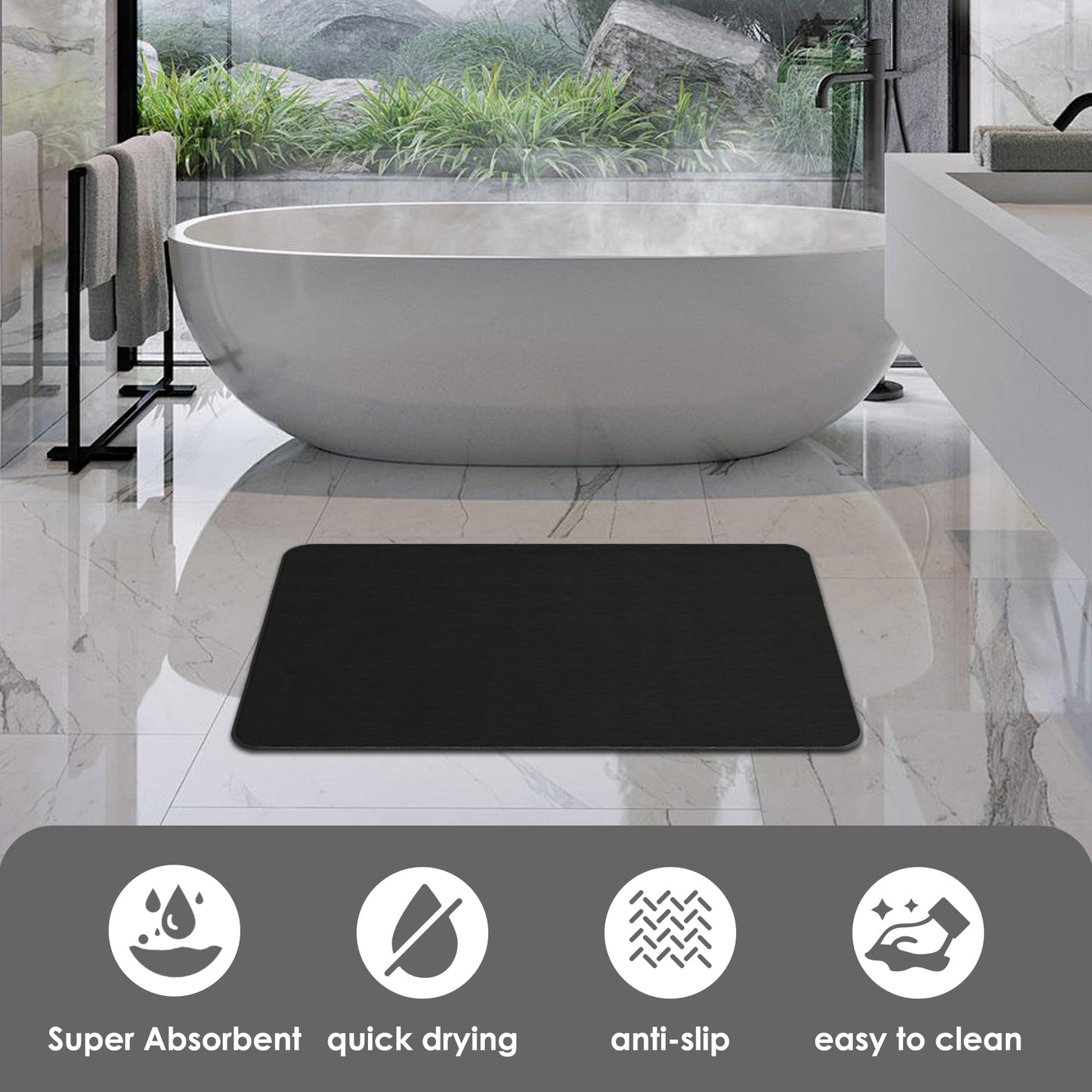 THMINS Black Stone Bath Mat, 32''x20'' Extra Large Stone Bath Mat, Super Absorbent Quick Drying for Bathroom, Easy to Clean