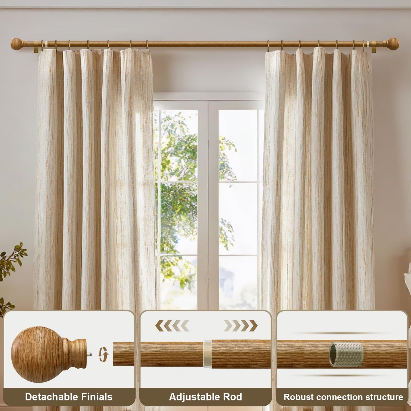Boho Wood Curtain Rods for Windows 72 to 144 inch 1" Diameter Adjustable Heavy Duty Window Curtain Rod with Decorative Wooden Grain Finials Drapery Rods for Living Room Bedroom Kitchen Cafe Farmhouse