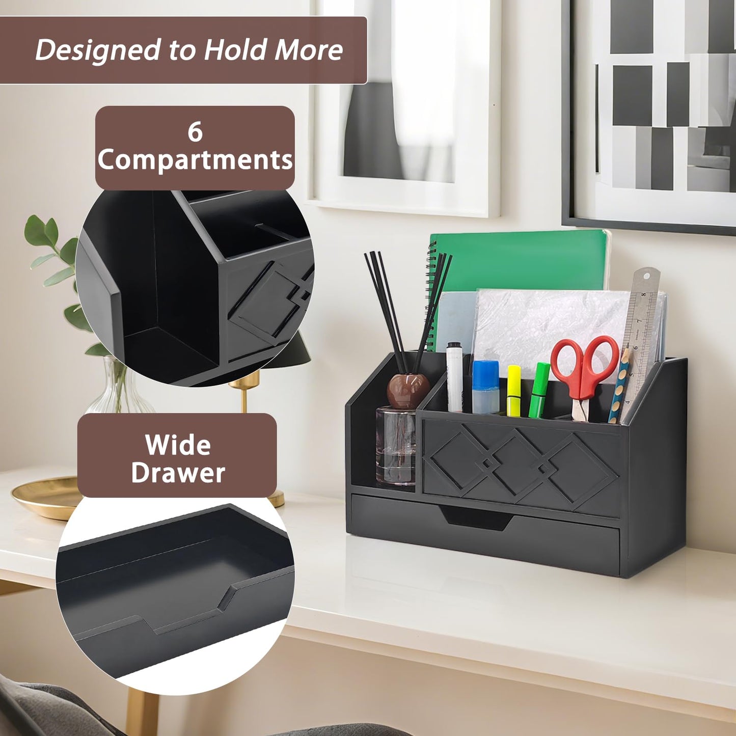 UUyuality Black Wooden Mail Organizer with Drawer, Three Tiered Desk Accessories for Office Organization and Storage, Stylish Countertop Document Storage, Home/Office/Classroom Supplies (Black02)