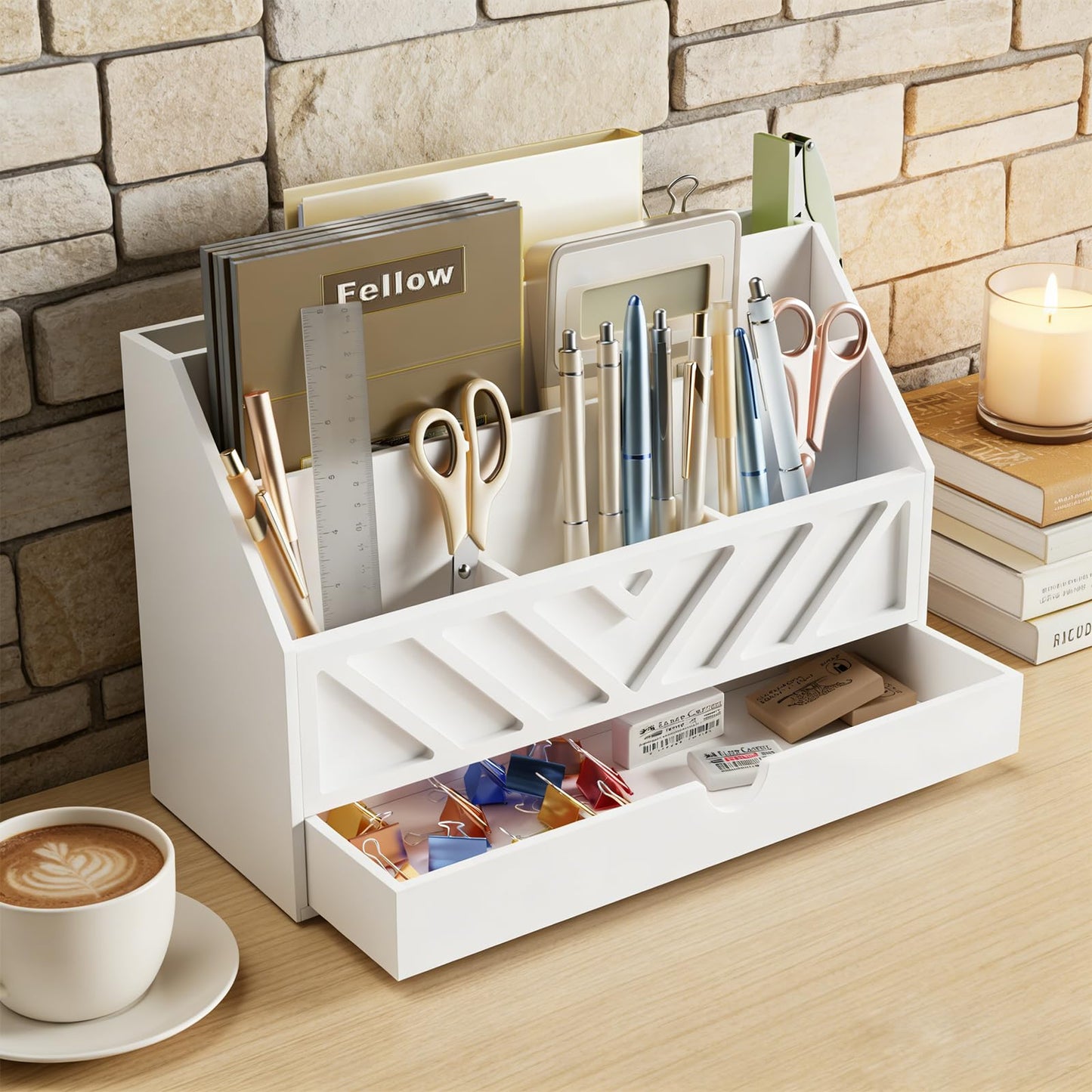 SRIWATANA White Mail Organizer Countertop, 5 Slots Mail Holder with Drawer, Office Desk Organizer, Letter Sorter File Bill Holder Paper Storage for Home Office School