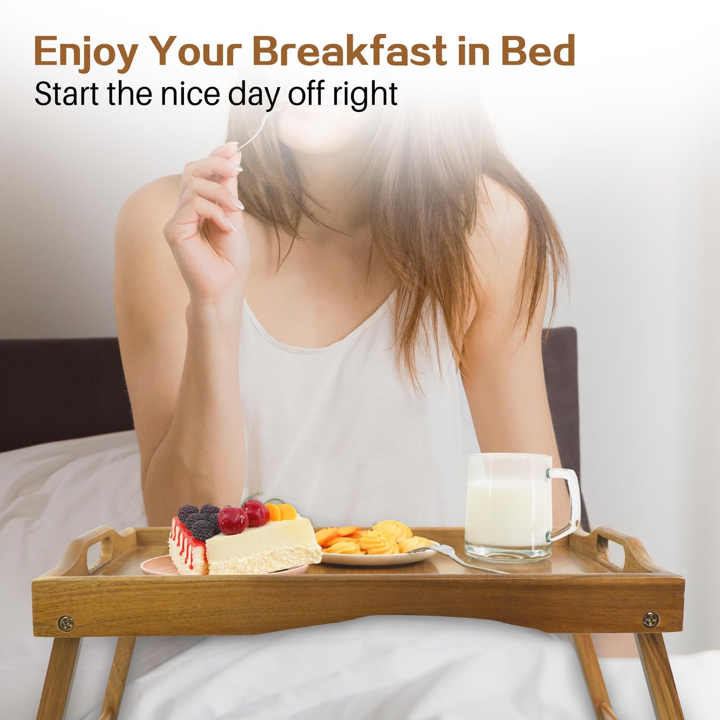 Utoplike Acacia Bed Tray Table for Eating, Large Breakfast Tray with Folding Legs, Wood Serving Trays for Laptop Working