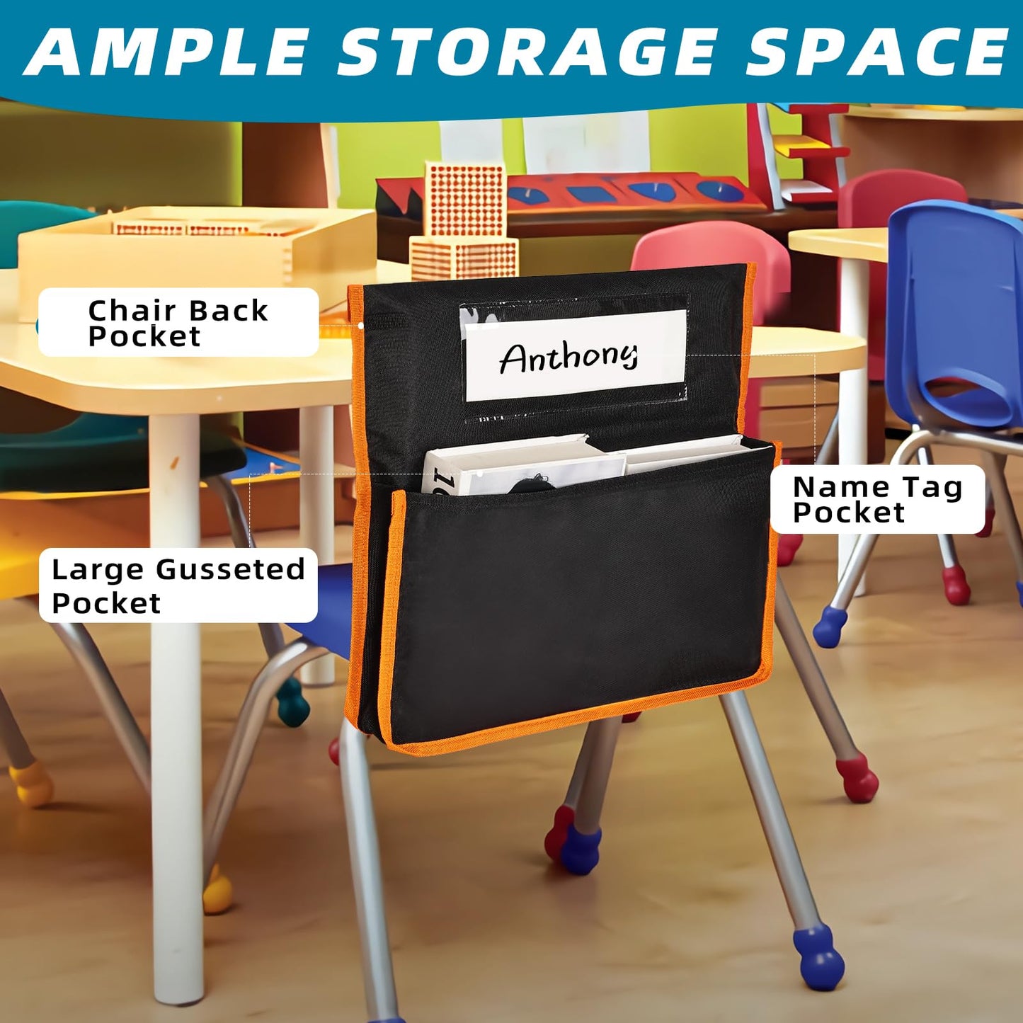 Runpig 12 Pcs Classroom Chair Pockets, 17 x 15 Inch Seat Sacks for Chairs, Buddy Pocket, Chart Seat Back Organizer With Name Tag