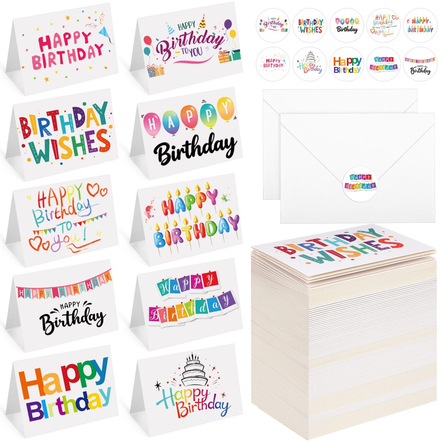 Gueevin 200 Pcs Happy Birthday Cards Bulk with Envelopes and Stickers 3.5 x 5 Inch Birthday Greeting Blank Cards, 10 Designs for Work, Friends, Family, Party Supplies (Lively and Adorable)