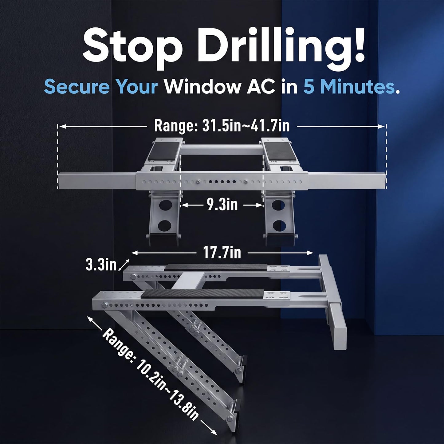 No-Drill Window AC Support Bracket, Heavy-Duty AC Window Bracket Supports Up to 350lbs for 5,000-24,000 BTU AC Units, Adjustable Air Conditioner Support Bracket for Single/Double-Hung Windows
